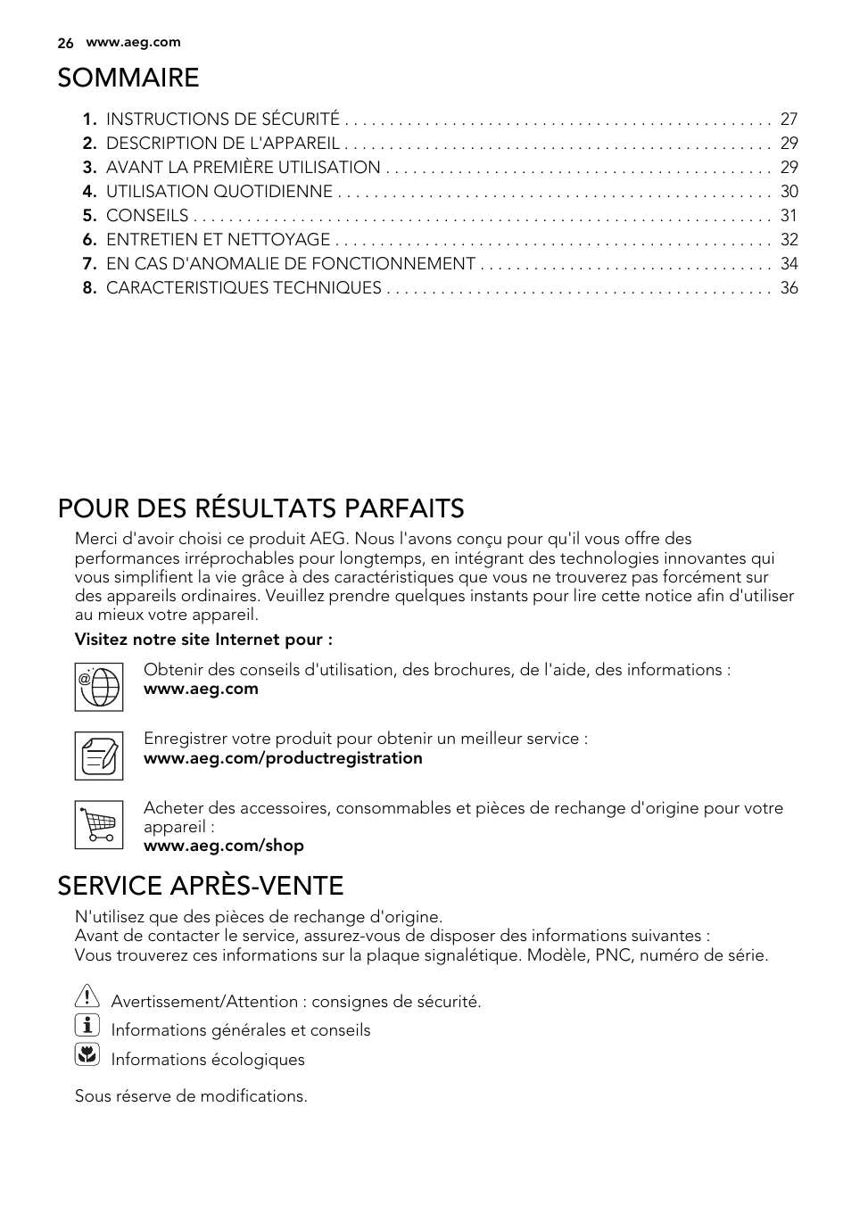 Sommaire, Pour des résultats parfaits, Service après-vente | AEG S66609CSX0 User Manual | Page 26 / 68