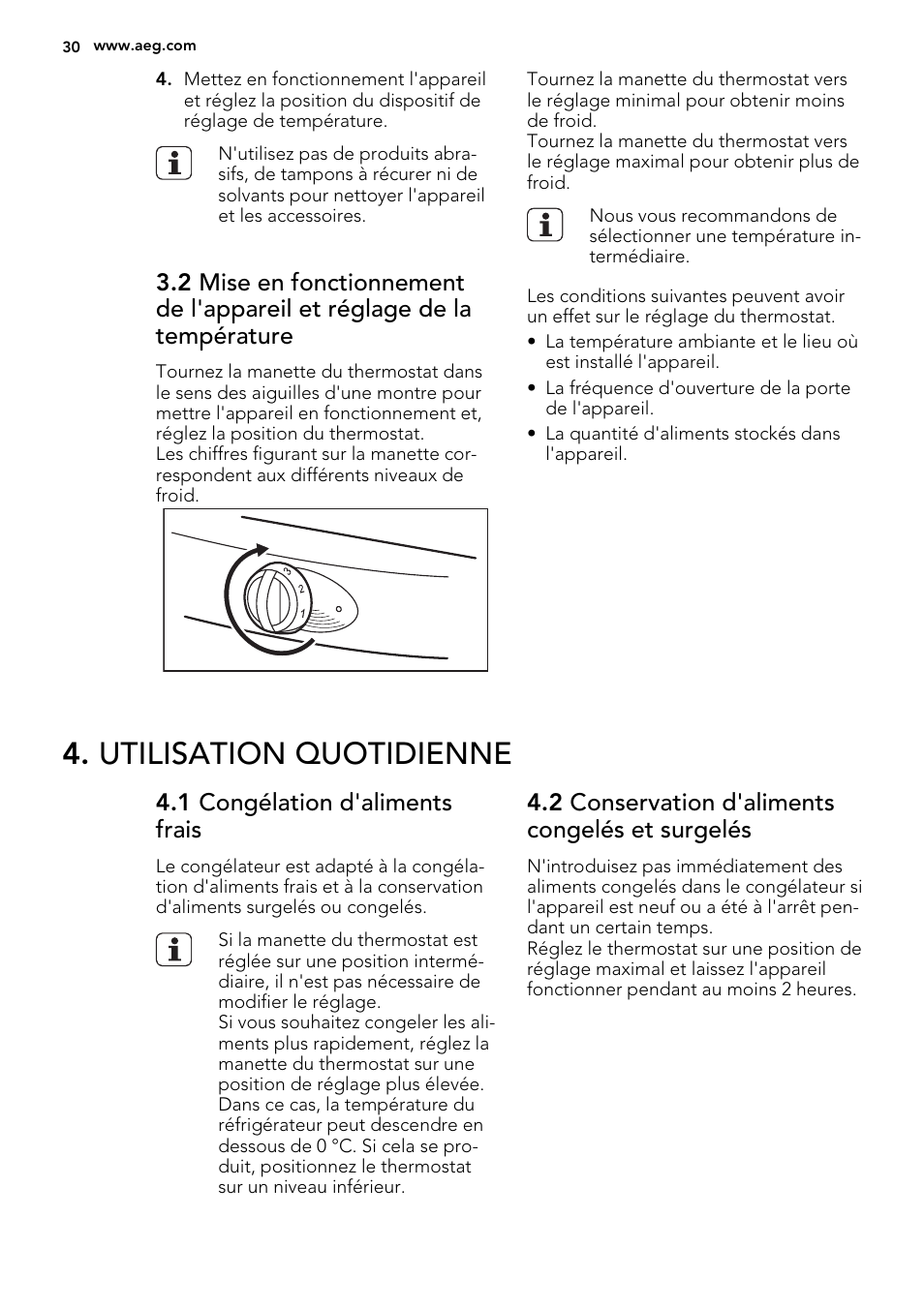 Utilisation quotidienne, 1 congélation d'aliments frais, 2 conservation d'aliments congelés et surgelés | AEG S66609CSX0 User Manual | Page 30 / 68