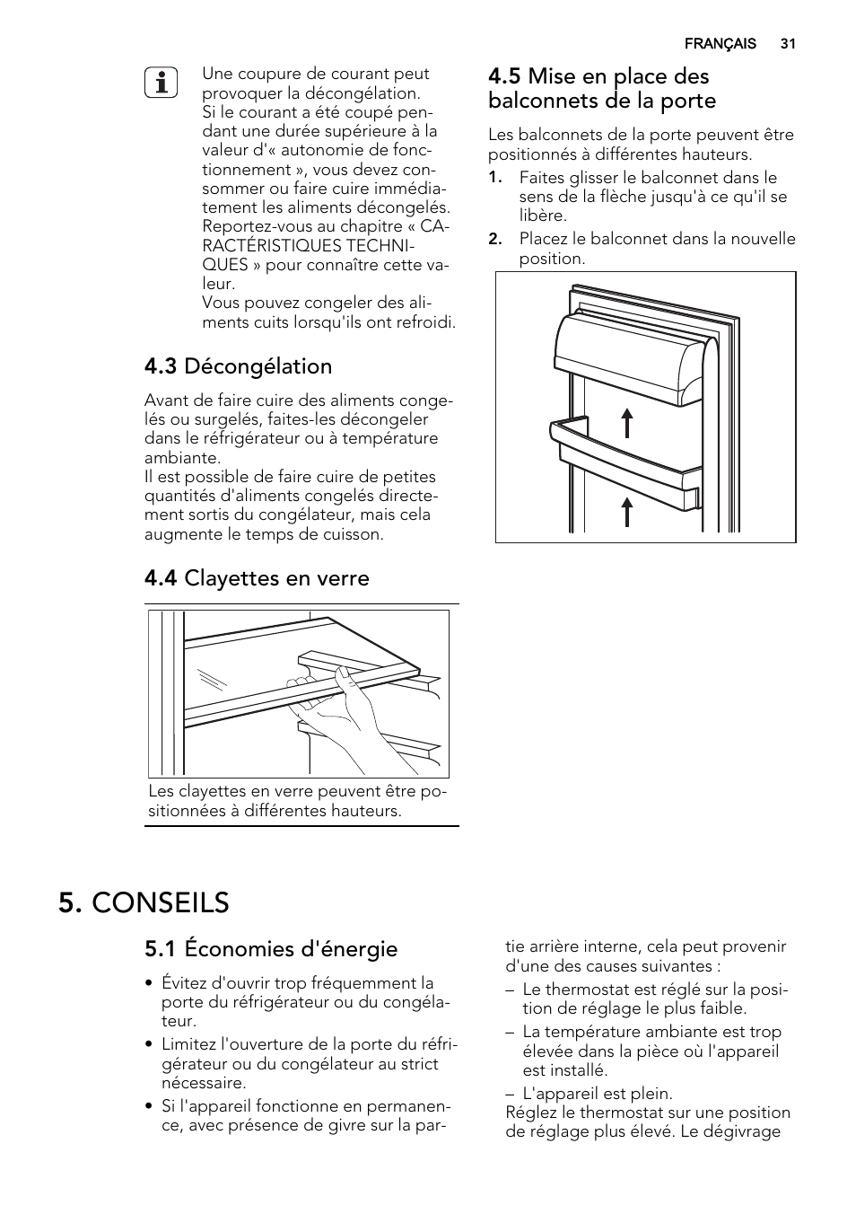 Conseils, 3 décongélation, 4 clayettes en verre | 5 mise en place des balconnets de la porte, 1 économies d'énergie | AEG S66609CSX0 User Manual | Page 31 / 68