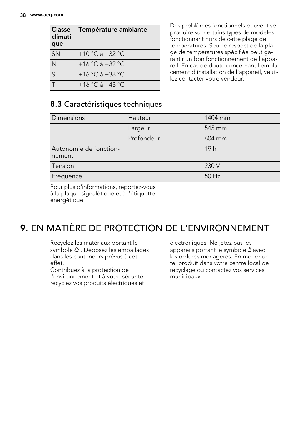 En matière de protection de l'environnement, 3 caractéristiques techniques | AEG S66609CSX0 User Manual | Page 38 / 68