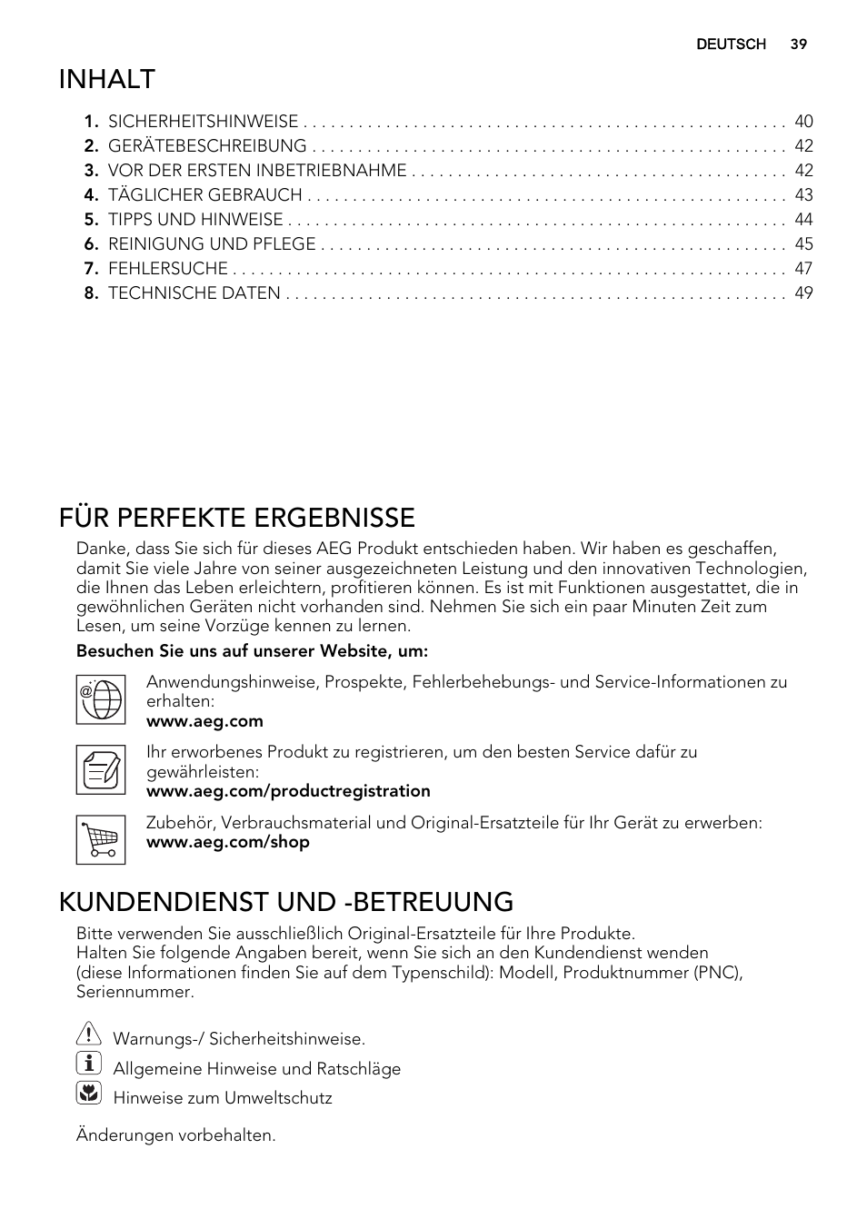 Inhalt, Für perfekte ergebnisse, Kundendienst und -betreuung | AEG S66609CSX0 User Manual | Page 39 / 68