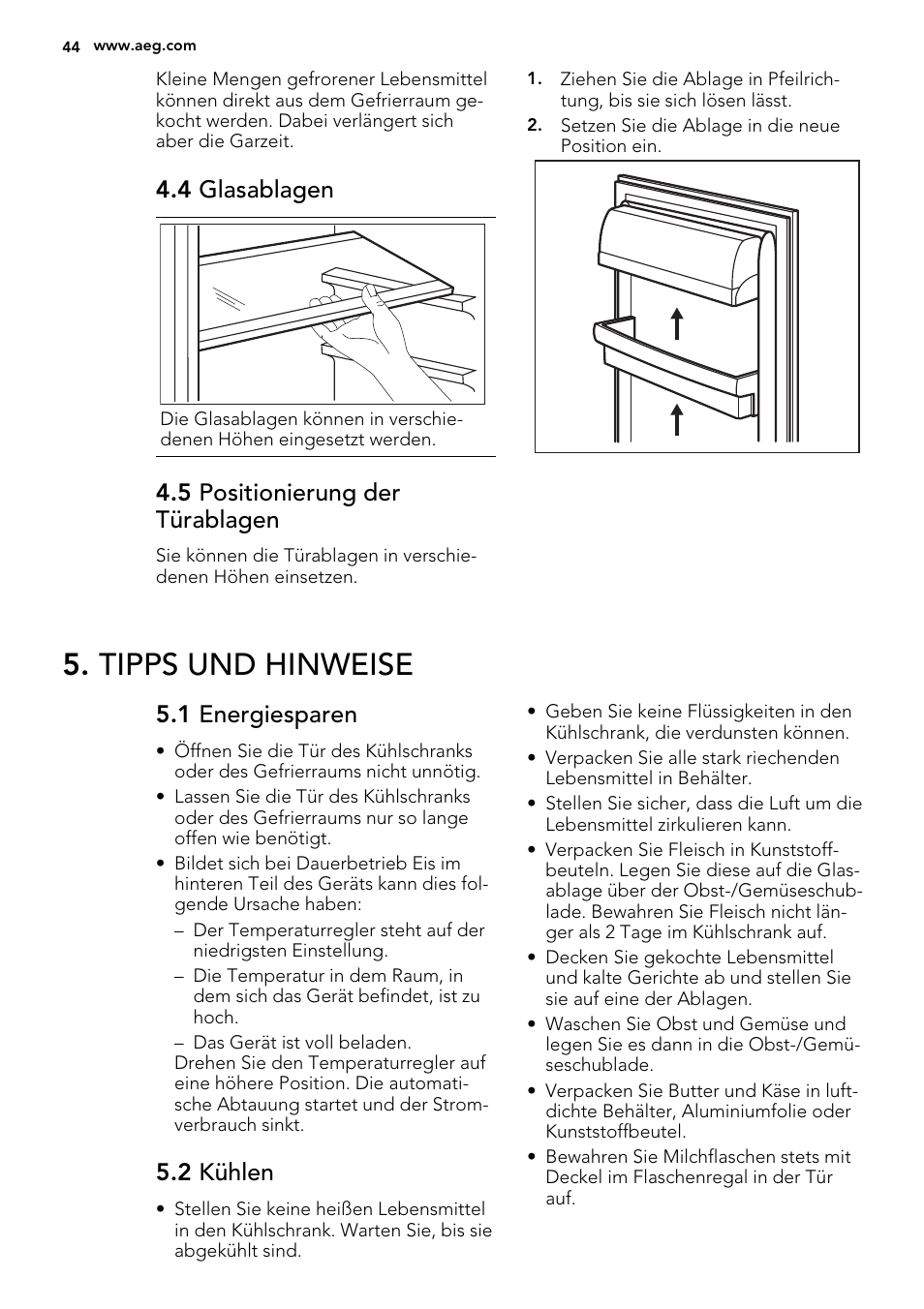 Tipps und hinweise, 4 glasablagen, 5 positionierung der türablagen | 1 energiesparen, 2 kühlen | AEG S66609CSX0 User Manual | Page 44 / 68