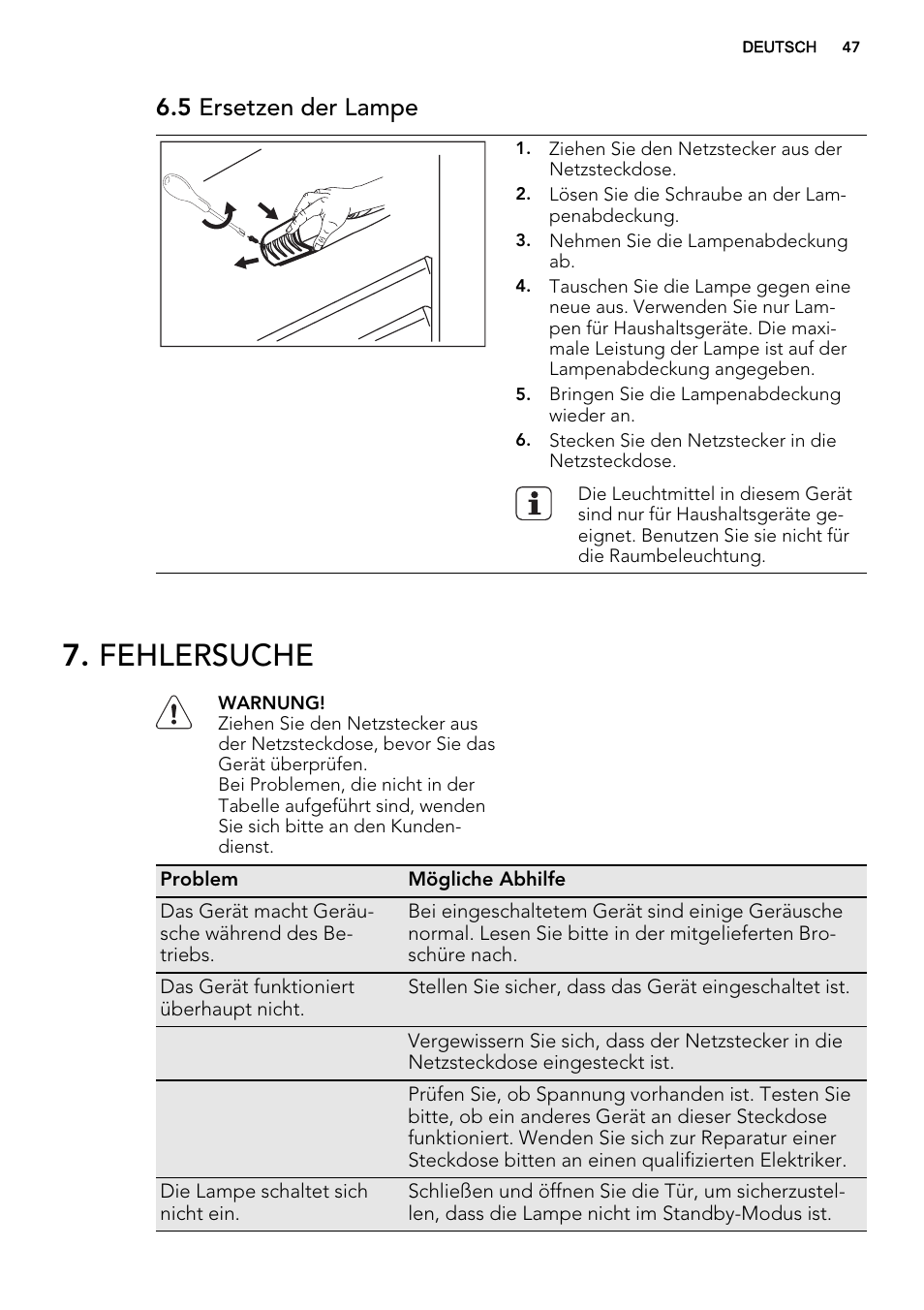 Fehlersuche, 5 ersetzen der lampe | AEG S66609CSX0 User Manual | Page 47 / 68