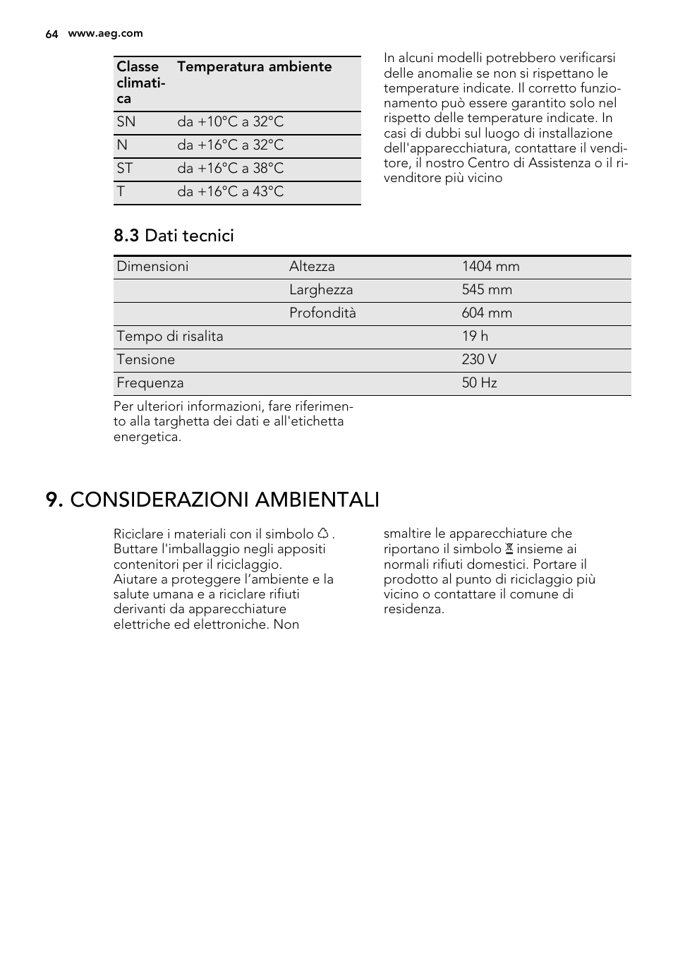 Considerazioni ambientali, 3 dati tecnici | AEG S66609CSX0 User Manual | Page 64 / 68