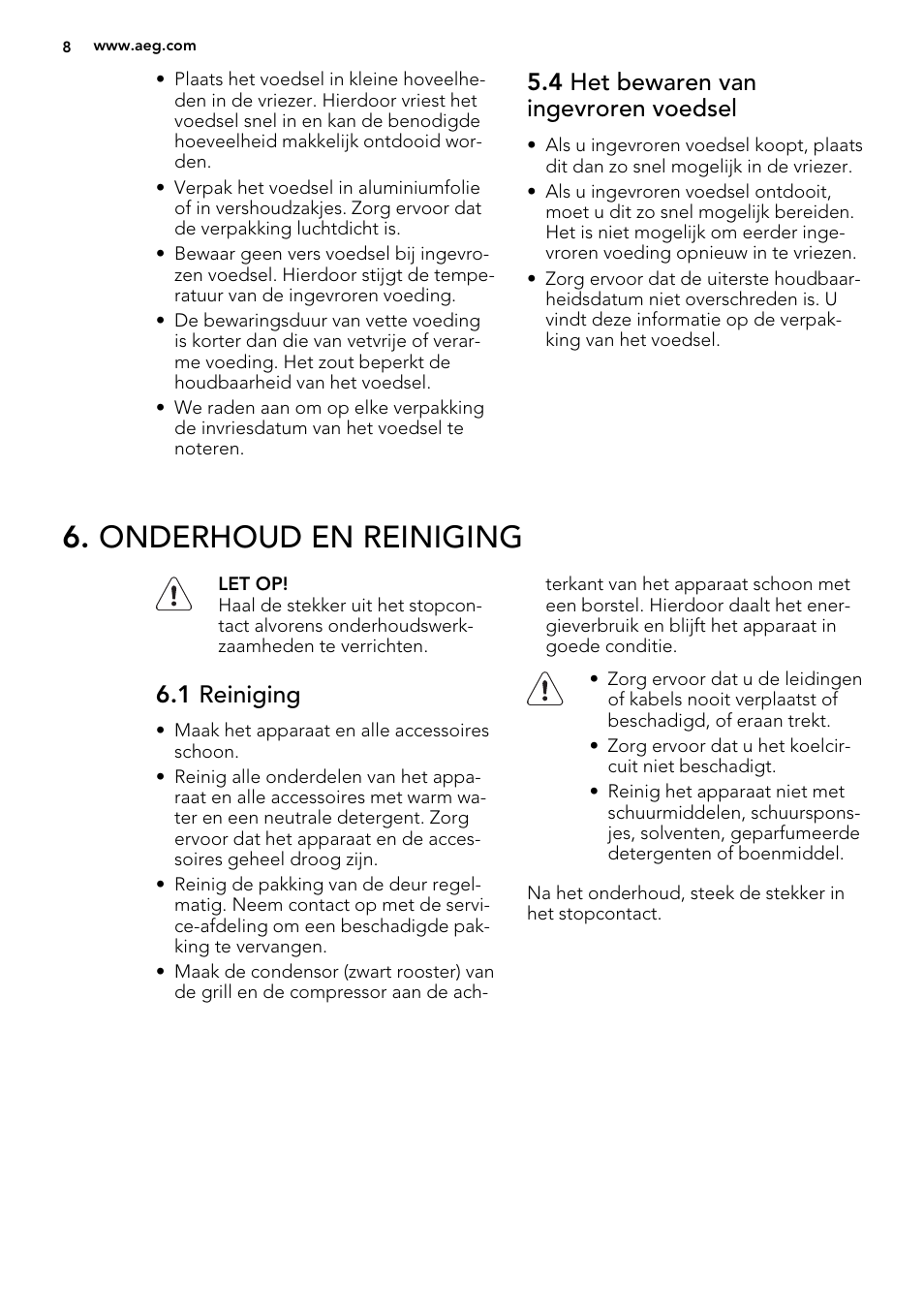 Onderhoud en reiniging, 4 het bewaren van ingevroren voedsel, 1 reiniging | AEG S66609CSX0 User Manual | Page 8 / 68