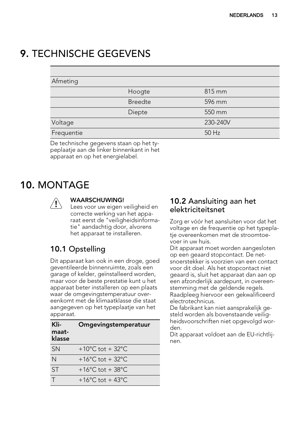 Technische gegevens, Montage, 1 opstelling | 2 aansluiting aan het elektriciteitsnet | AEG SKS58800S1 User Manual | Page 13 / 72