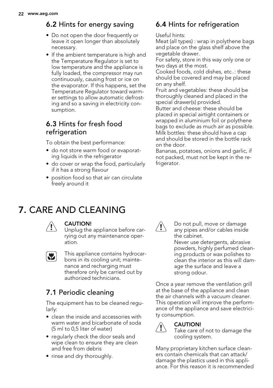 Care and cleaning, 2 hints for energy saving, 3 hints for fresh food refrigeration | 4 hints for refrigeration, 1 periodic cleaning | AEG SKS58800S1 User Manual | Page 22 / 72