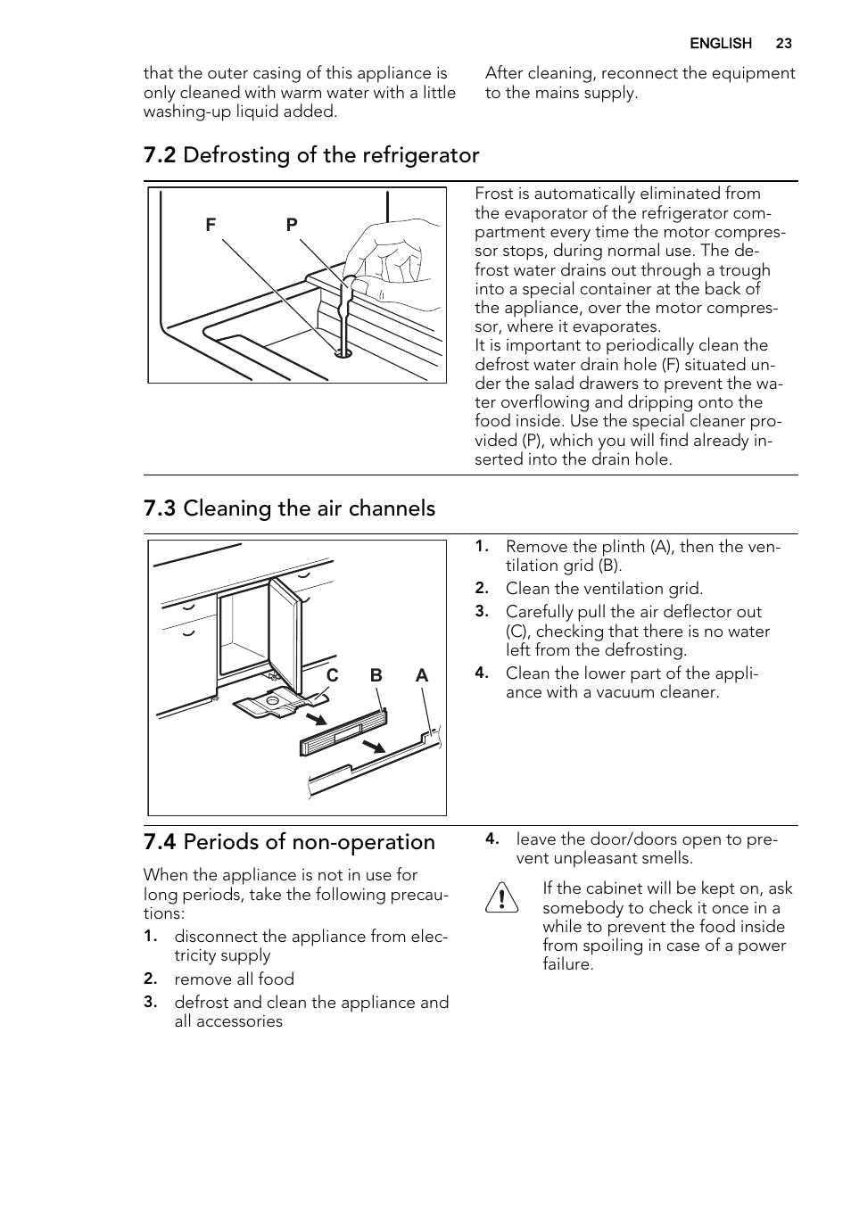 2 defrosting of the refrigerator, 3 cleaning the air channels, 4 periods of non-operation | AEG SKS58800S1 User Manual | Page 23 / 72