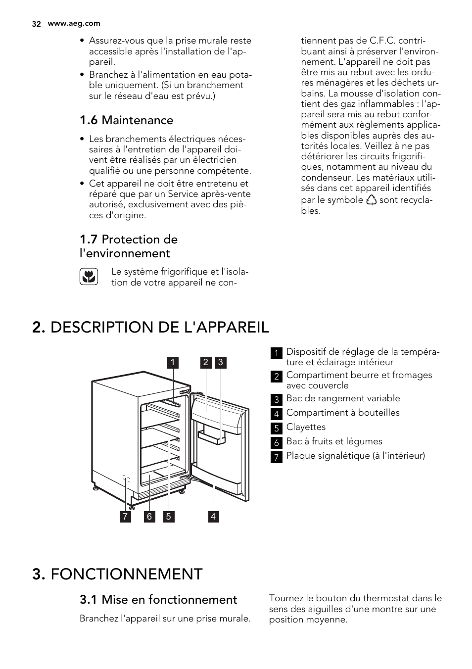 Description de l'appareil, Fonctionnement, 6 maintenance | 7 protection de l'environnement, 1 mise en fonctionnement | AEG SKS58800S1 User Manual | Page 32 / 72