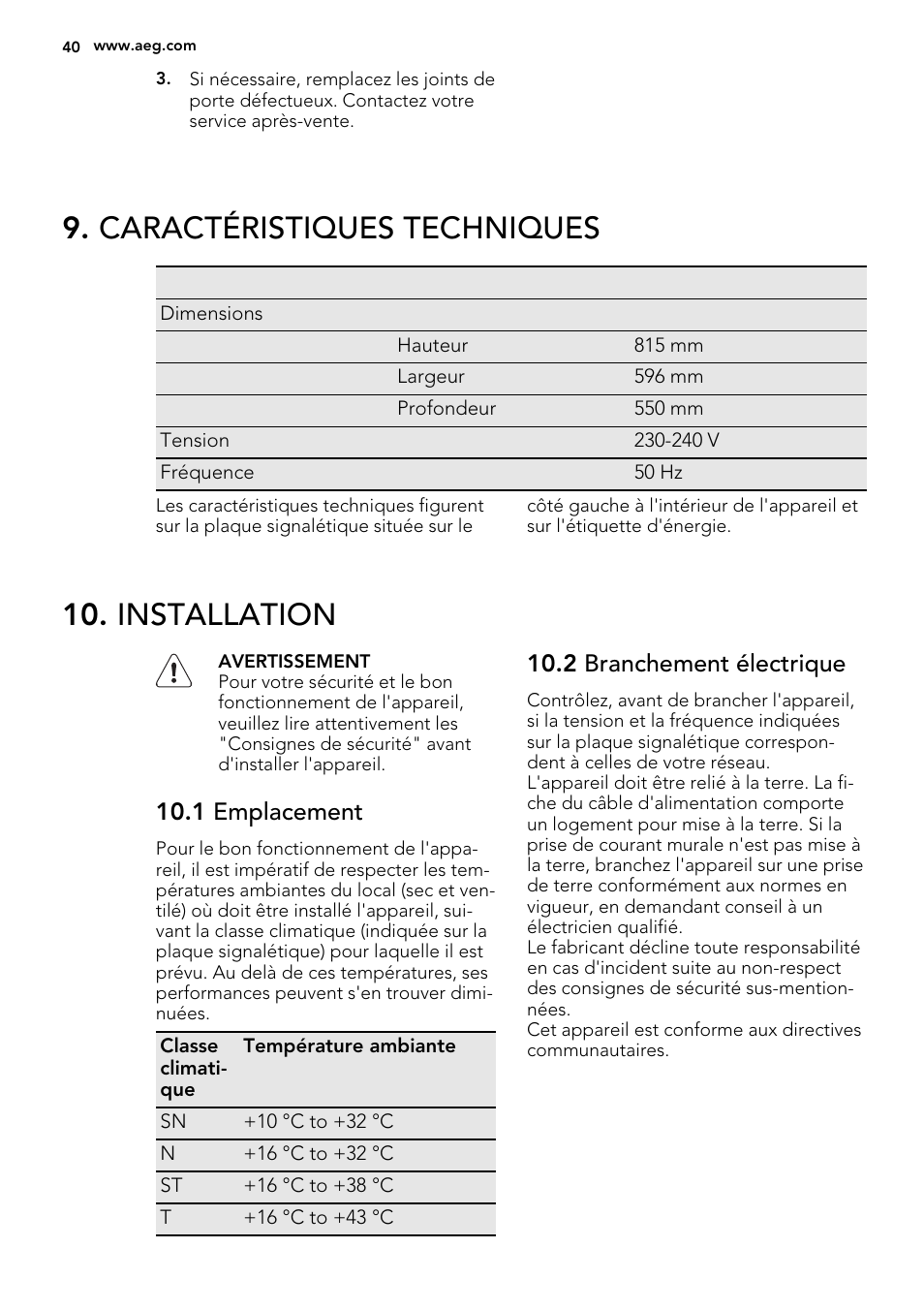 Caractéristiques techniques, Installation, 1 emplacement | 2 branchement électrique | AEG SKS58800S1 User Manual | Page 40 / 72