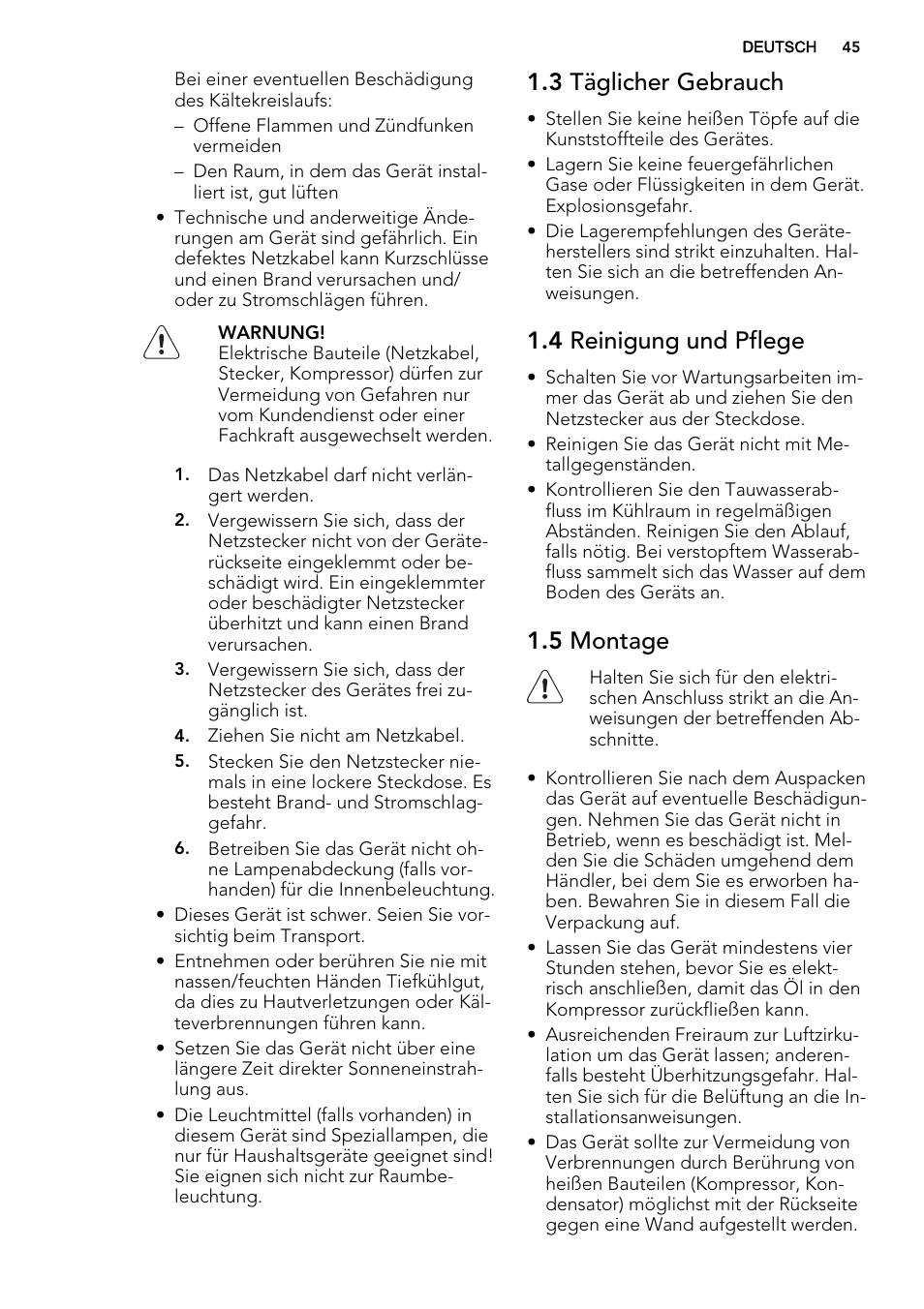 3 täglicher gebrauch, 4 reinigung und pflege, 5 montage | AEG SKS58800S1 User Manual | Page 45 / 72