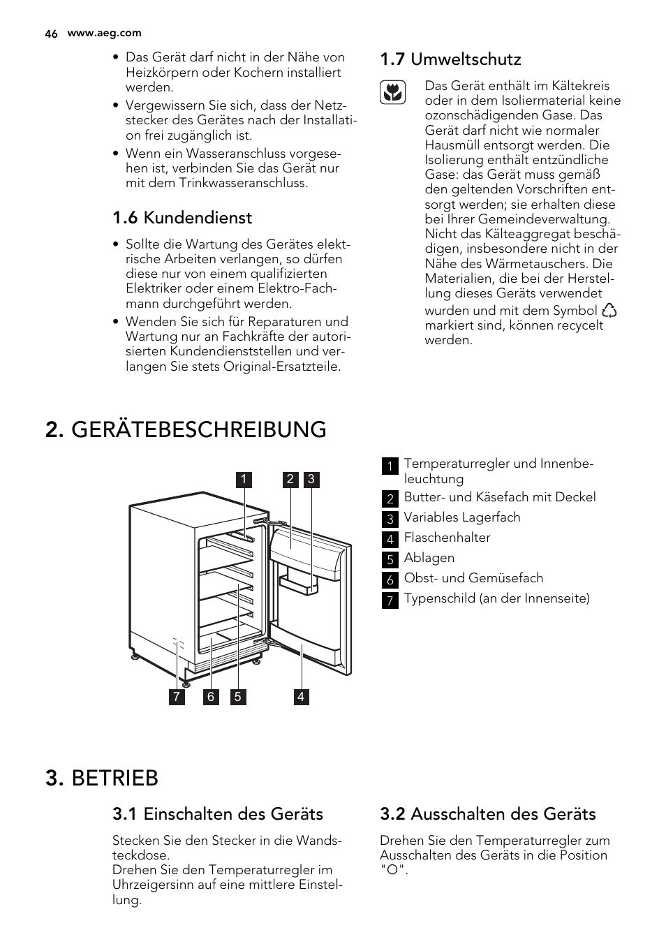 Gerätebeschreibung, Betrieb, 6 kundendienst | 7 umweltschutz, 1 einschalten des geräts, 2 ausschalten des geräts | AEG SKS58800S1 User Manual | Page 46 / 72