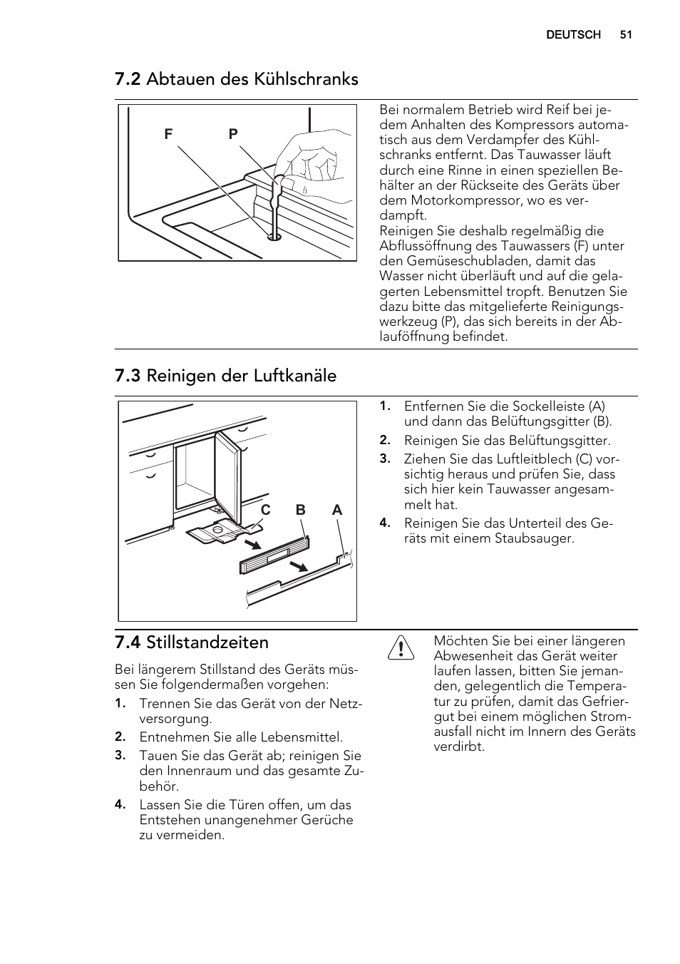2 abtauen des kühlschranks, 3 reinigen der luftkanäle, 4 stillstandzeiten | AEG SKS58800S1 User Manual | Page 51 / 72
