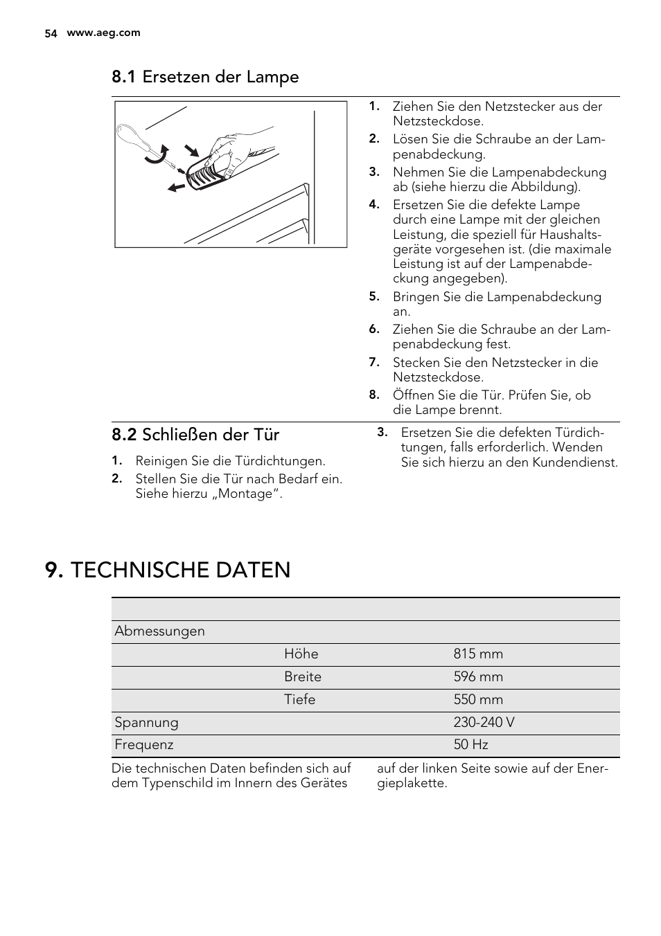 Technische daten, 1 ersetzen der lampe, 2 schließen der tür | AEG SKS58800S1 User Manual | Page 54 / 72