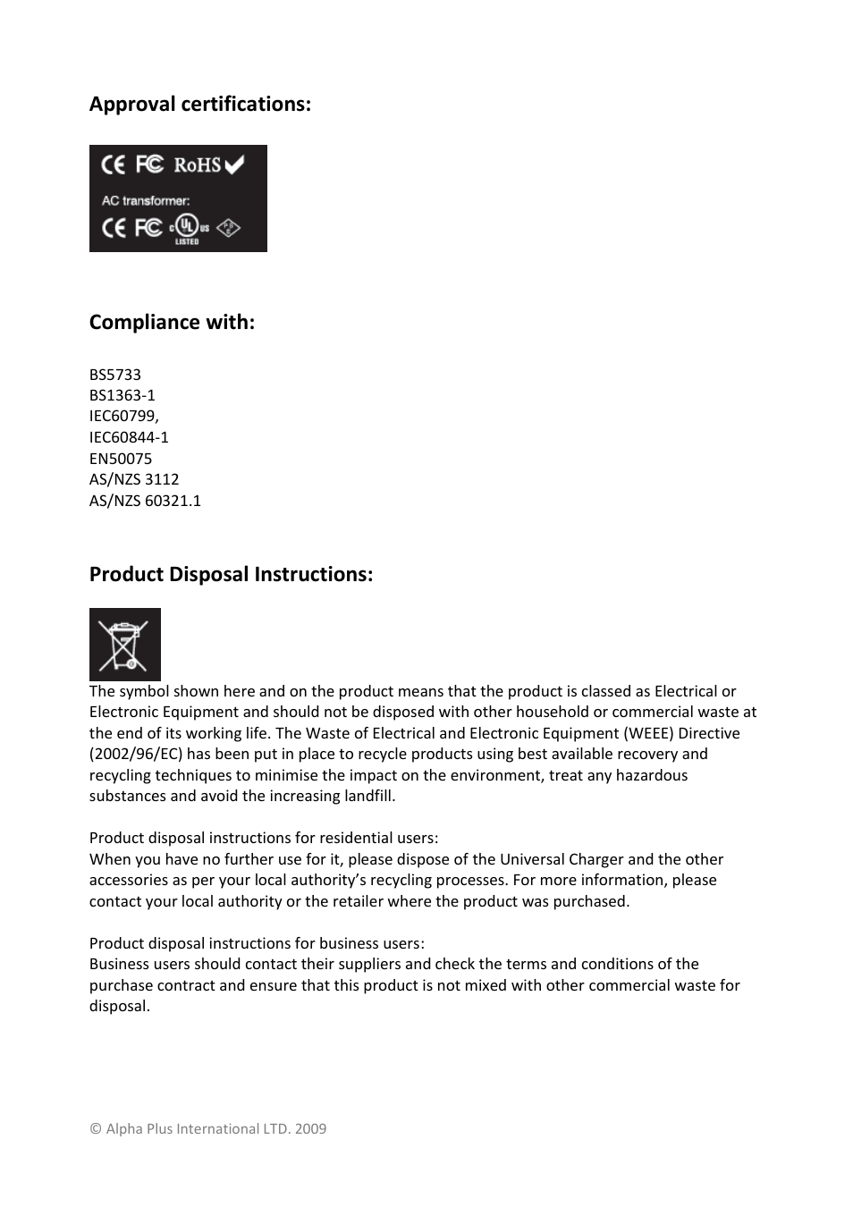 Approval certifications: compliance with, Product disposal instructions | Alpha Plus International AI-YB9021B User Manual | Page 11 / 11