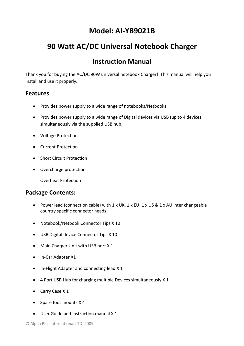 Instruction manual, Features, Package contents | Alpha Plus International AI-YB9021B User Manual | Page 2 / 11