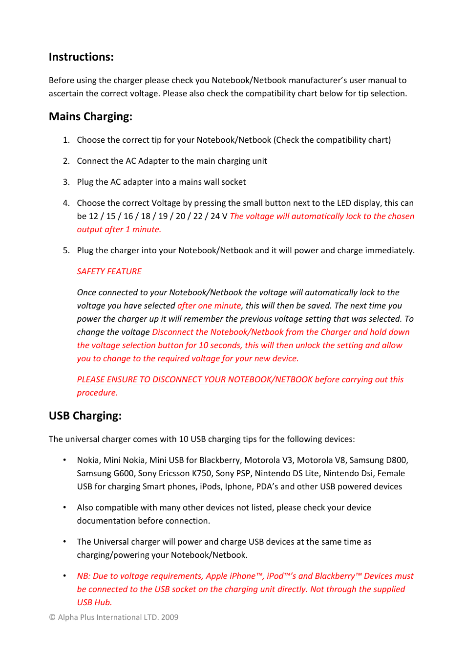 Instructions, Mains charging, Usb charging | Alpha Plus International AI-YB9021B User Manual | Page 3 / 11