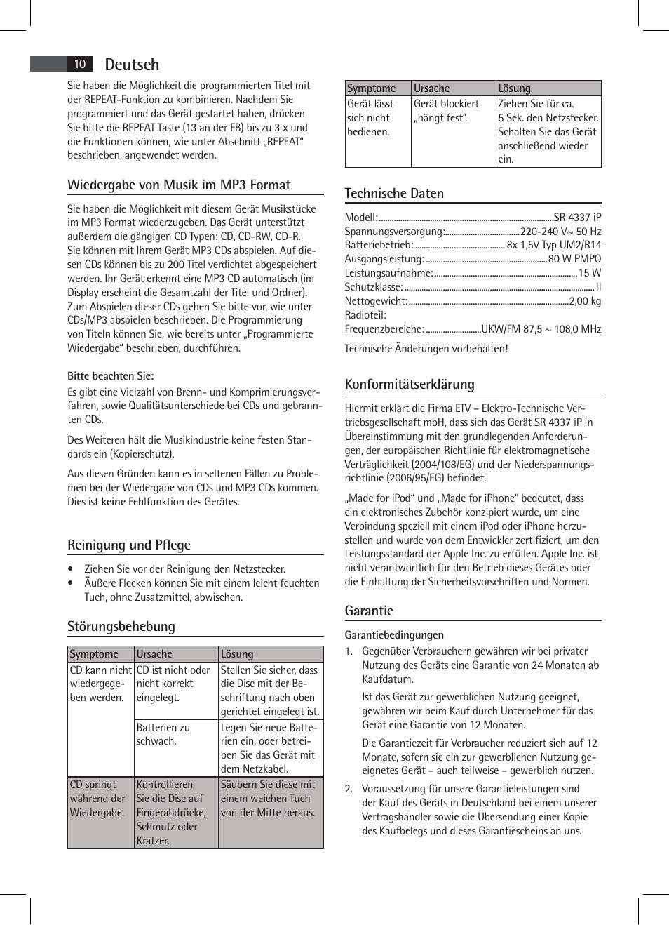 Deutsch, Wiedergabe von musik im mp3 format, Reinigung und pflege | Störungsbehebung, Technische daten, Konformitätserklärung, Garantie | AEG SR 4337 iP User Manual | Page 10 / 86