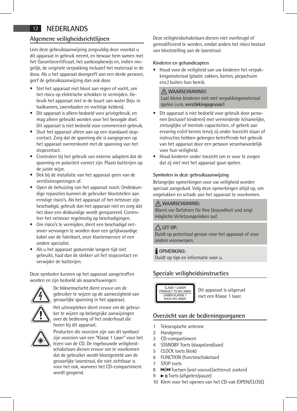 Nederlands, Algemene veiligheidsrichtlijnen, Speciale veiligheidsinstructies | Overzicht van de bedieningsorganen | AEG SR 4337 iP User Manual | Page 12 / 86
