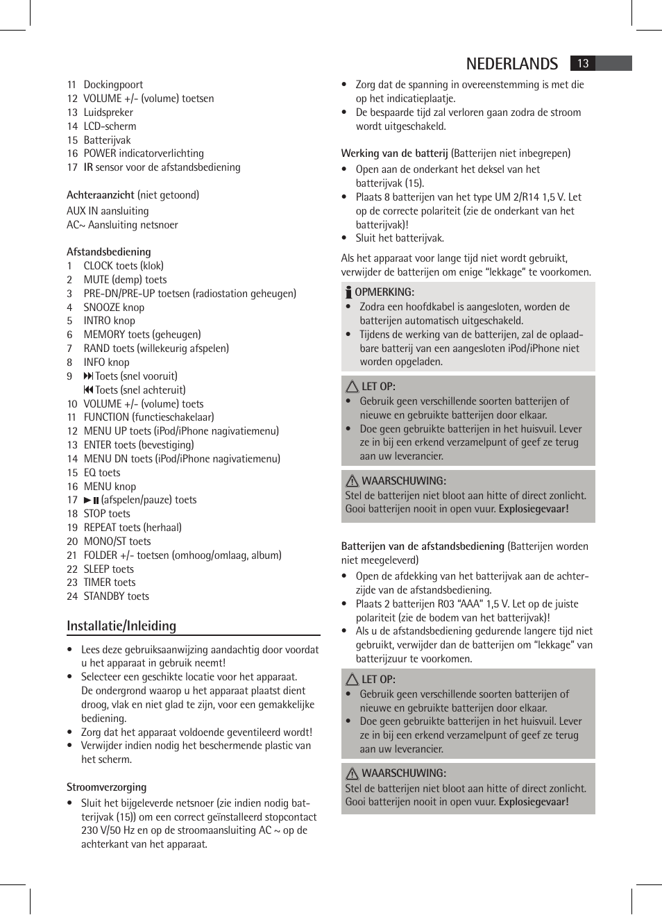 Nederlands, Installatie/inleiding | AEG SR 4337 iP User Manual | Page 13 / 86