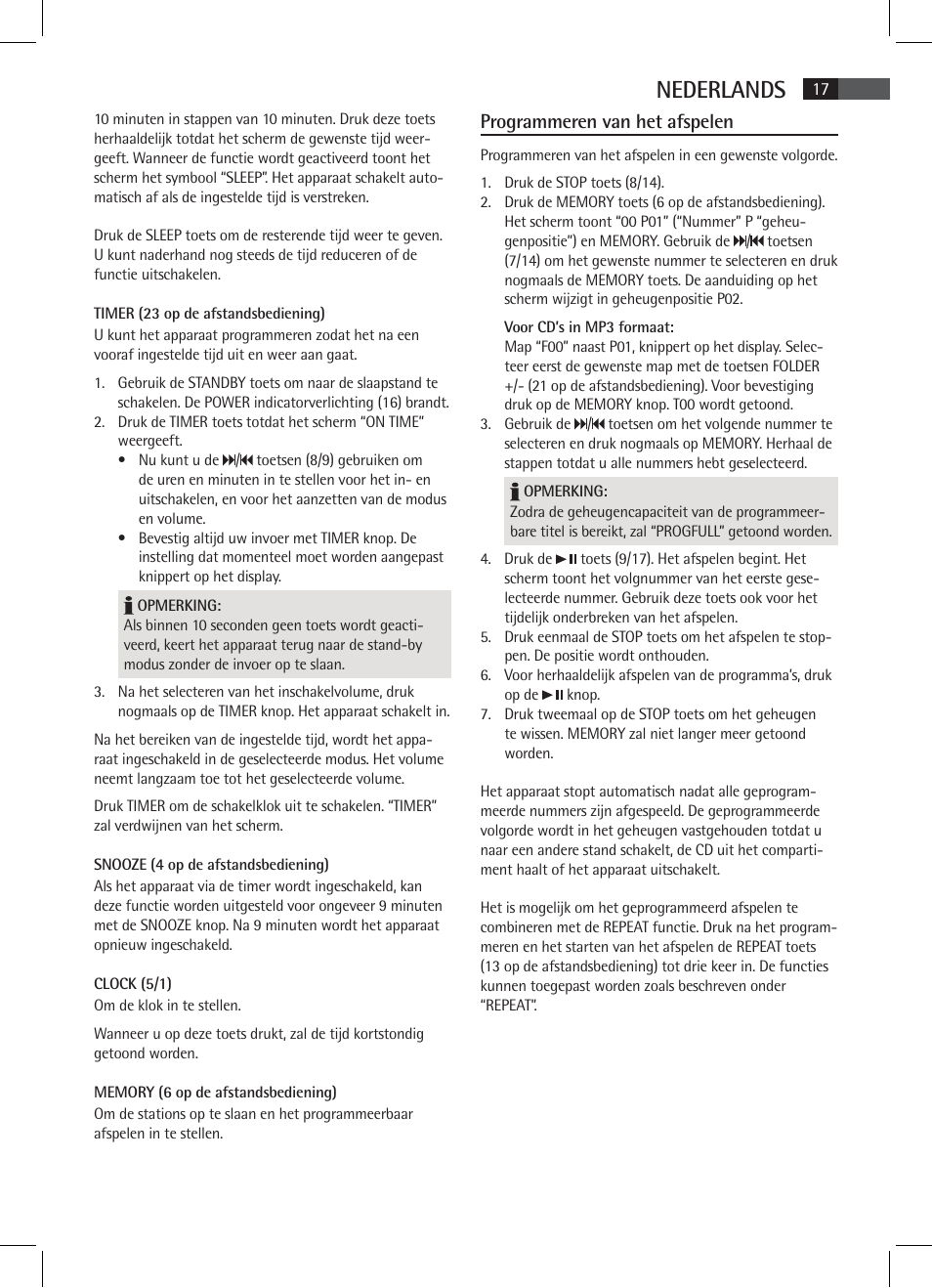 Nederlands, Programmeren van het afspelen | AEG SR 4337 iP User Manual | Page 17 / 86