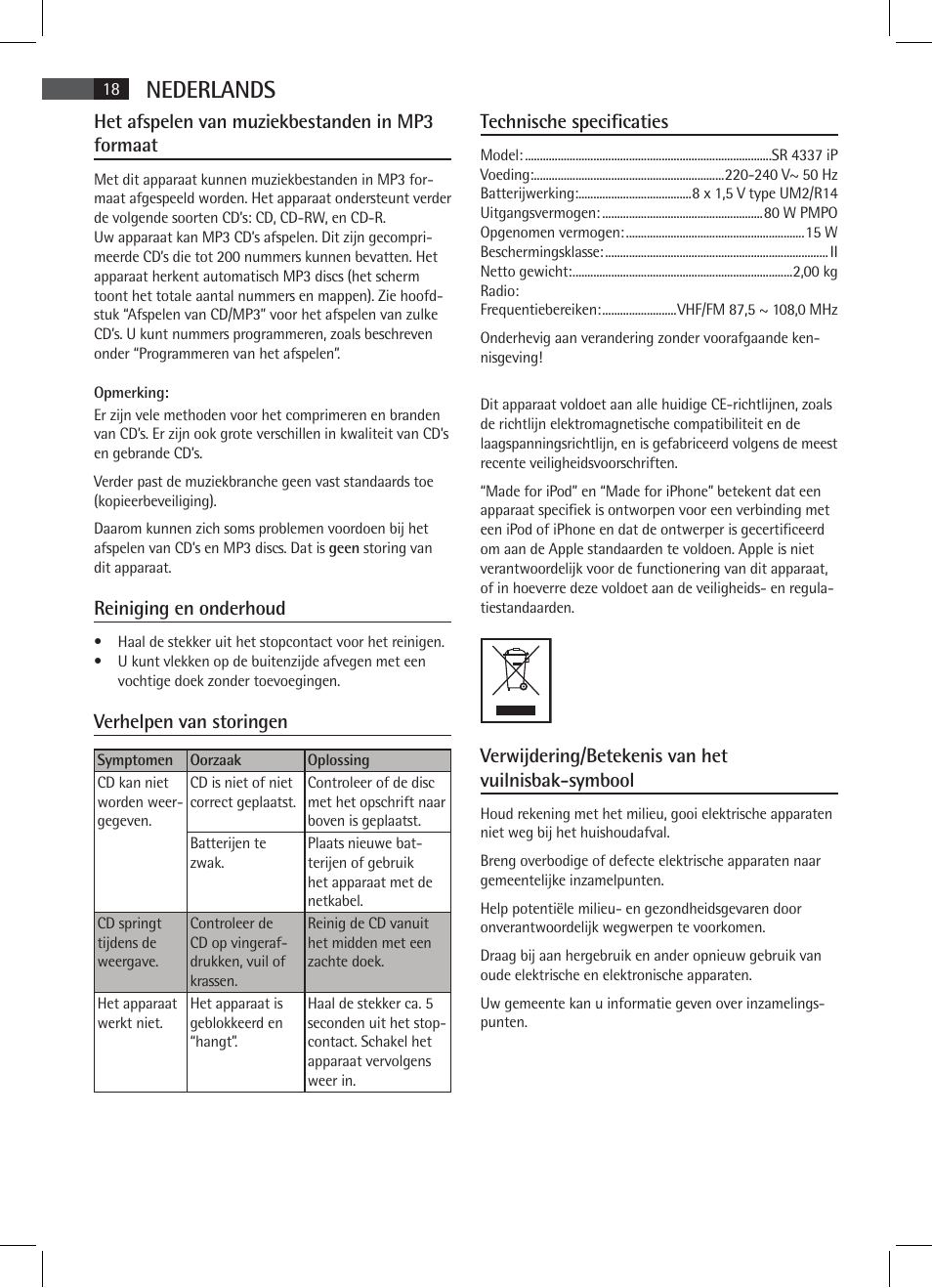 Nederlands, Het afspelen van muziekbestanden in mp3 formaat, Reiniging en onderhoud | Verhelpen van storingen, Technische specificaties, Verwijdering/betekenis van het vuilnisbak-symbool | AEG SR 4337 iP User Manual | Page 18 / 86