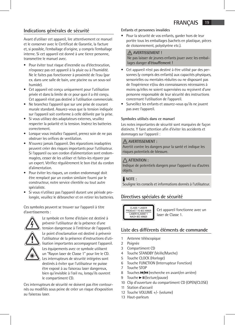 Français, Directives spéciales de sécurité, Liste des différents éléments de commande | Indications générales de sécurité | AEG SR 4337 iP User Manual | Page 19 / 86