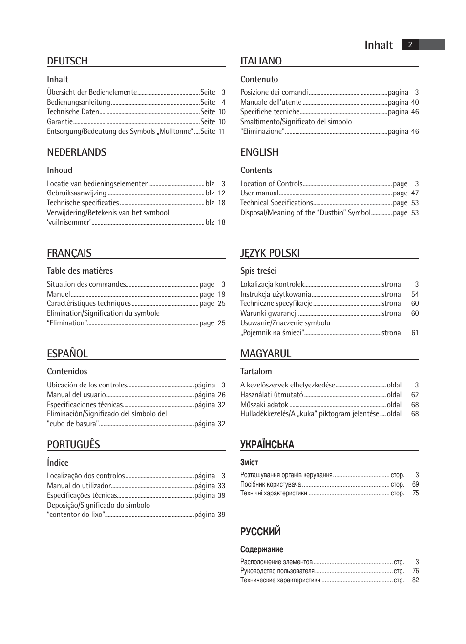 Inhalt, Deutsch, Nederlands | Français, Español, Português, Italiano, English, Język polski, Magyarul | AEG SR 4337 iP User Manual | Page 2 / 86