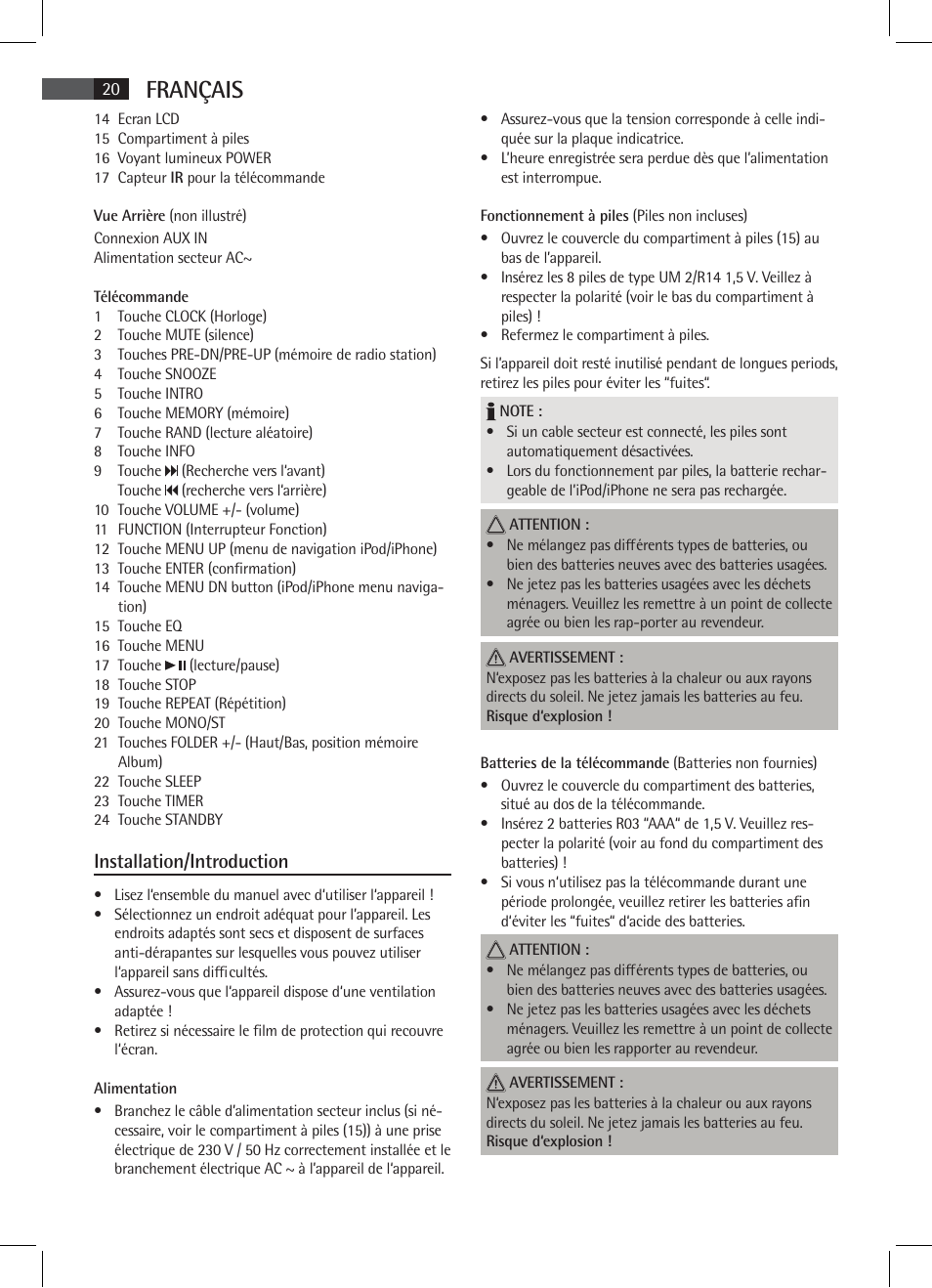 Français, Installation/introduction | AEG SR 4337 iP User Manual | Page 20 / 86