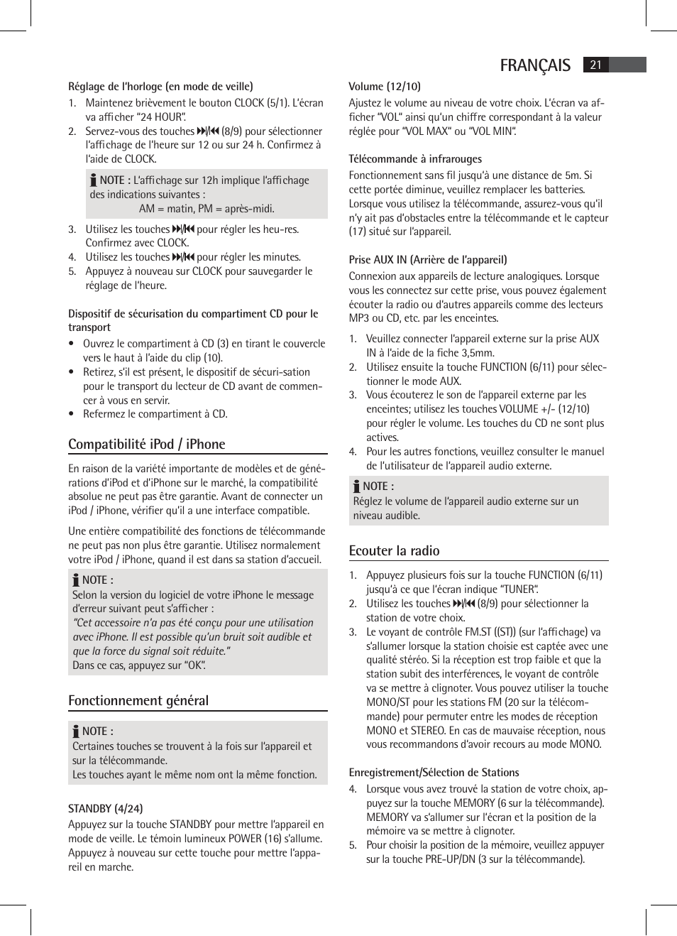 Français, Compatibilité ipod / iphone, Fonctionnement général | Ecouter la radio | AEG SR 4337 iP User Manual | Page 21 / 86