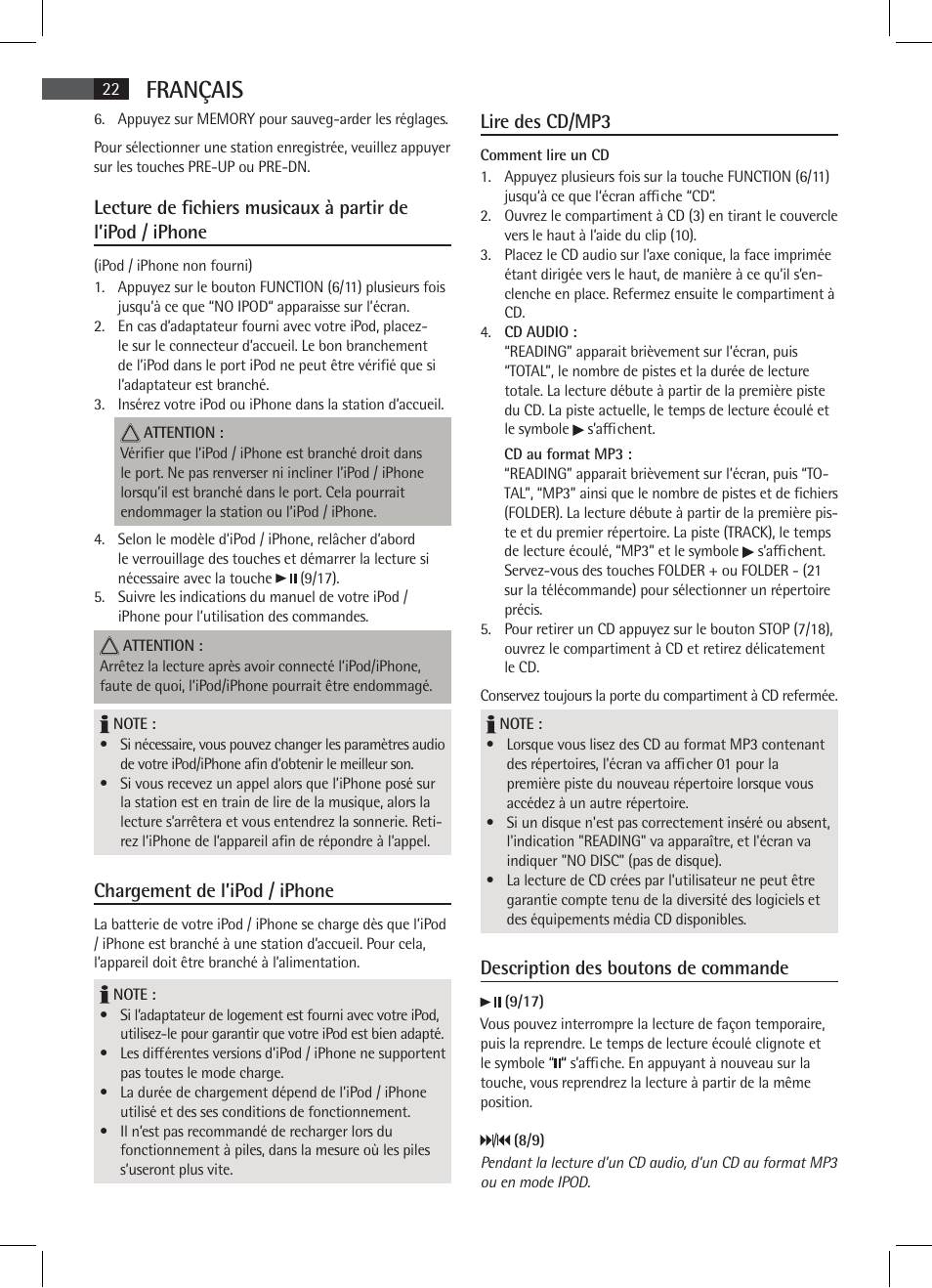 Français, Chargement de l’ipod / iphone, Lire des cd/mp3 | Description des boutons de commande | AEG SR 4337 iP User Manual | Page 22 / 86