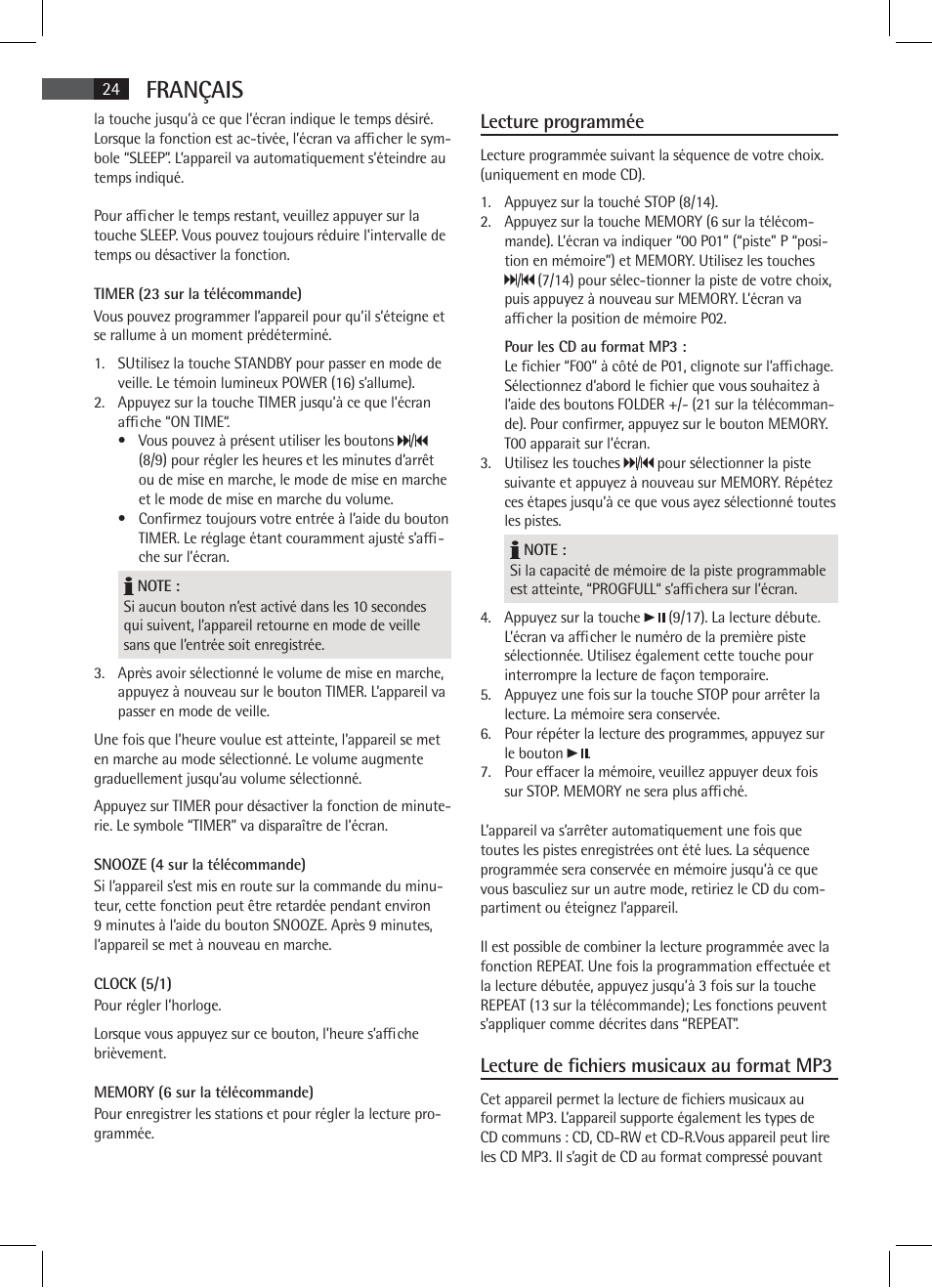 Français, Lecture programmée, Lecture de fichiers musicaux au format mp3 | AEG SR 4337 iP User Manual | Page 24 / 86