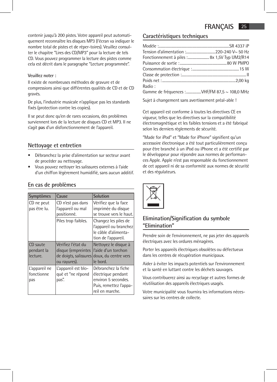 Français, Caractéristiques techniques, Elimination/signification du symbole “elimination | Nettoyage et entretien, En cas de problèmes | AEG SR 4337 iP User Manual | Page 25 / 86