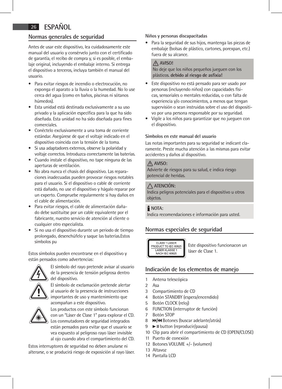 Español, Normas generales de seguridad, Normas especiales de seguridad | Indicación de los elementos de manejo | AEG SR 4337 iP User Manual | Page 26 / 86