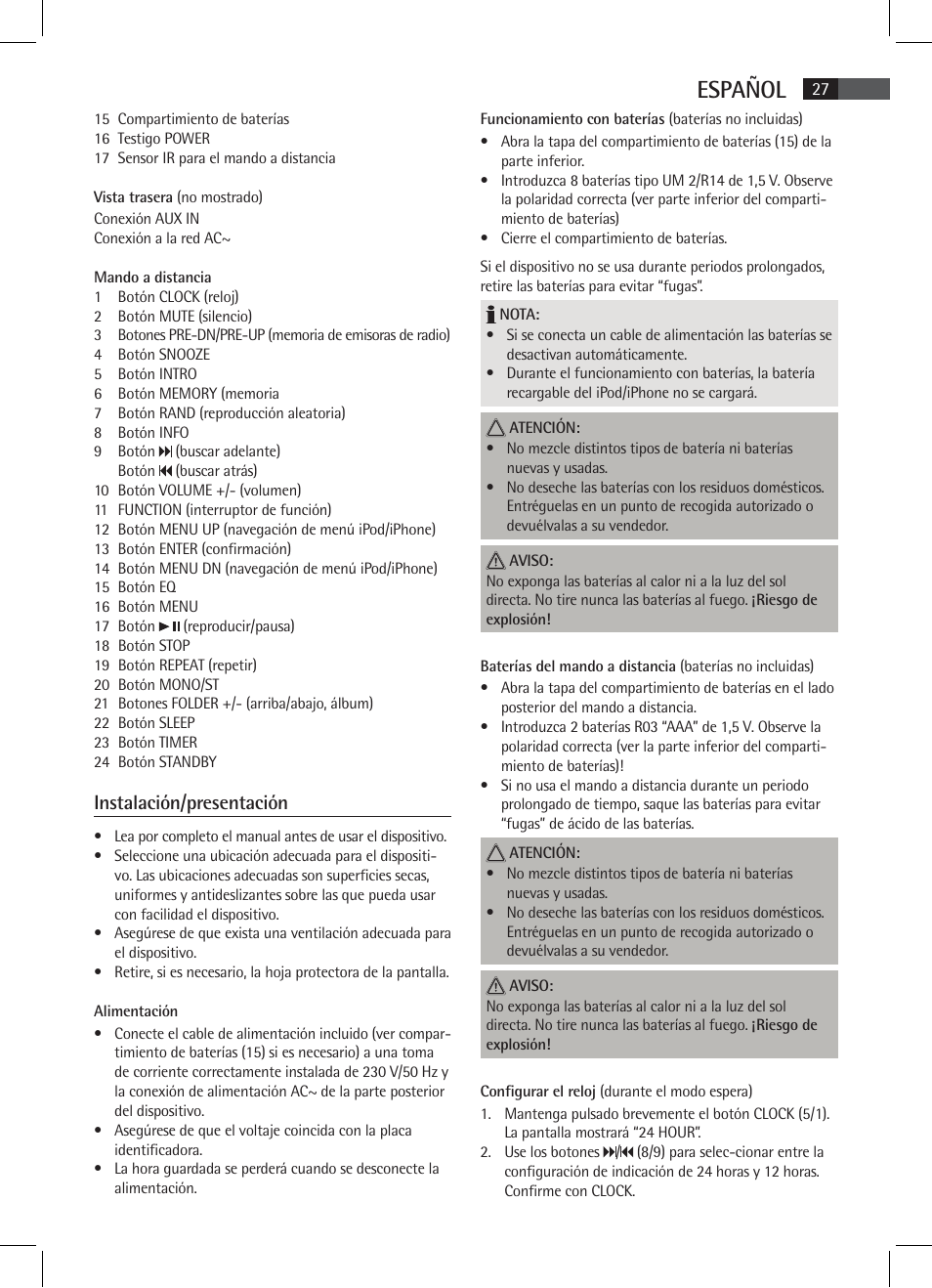 Español, Instalación/presentación | AEG SR 4337 iP User Manual | Page 27 / 86