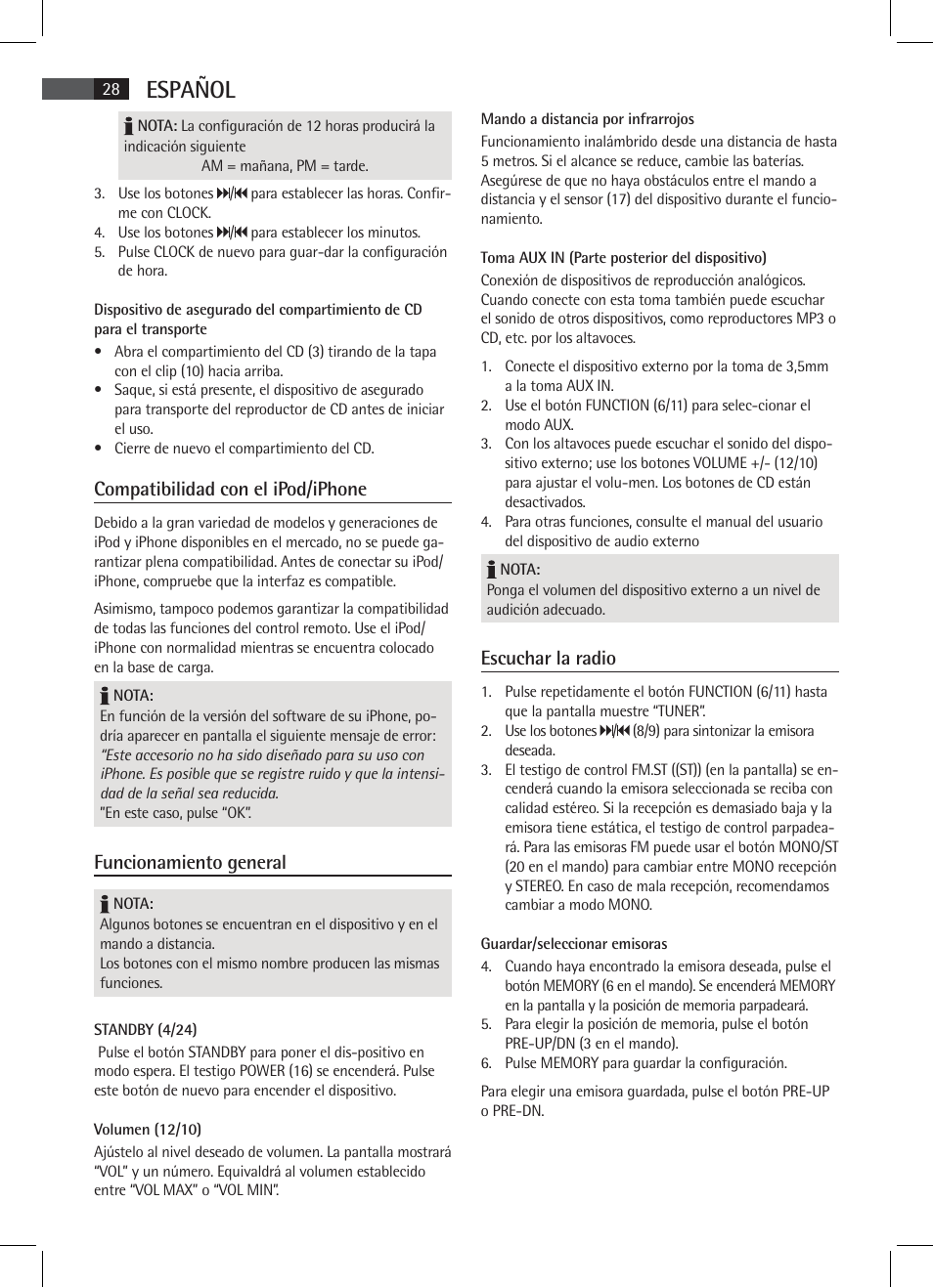 Español, Compatibilidad con el ipod/iphone, Funcionamiento general | Escuchar la radio | AEG SR 4337 iP User Manual | Page 28 / 86