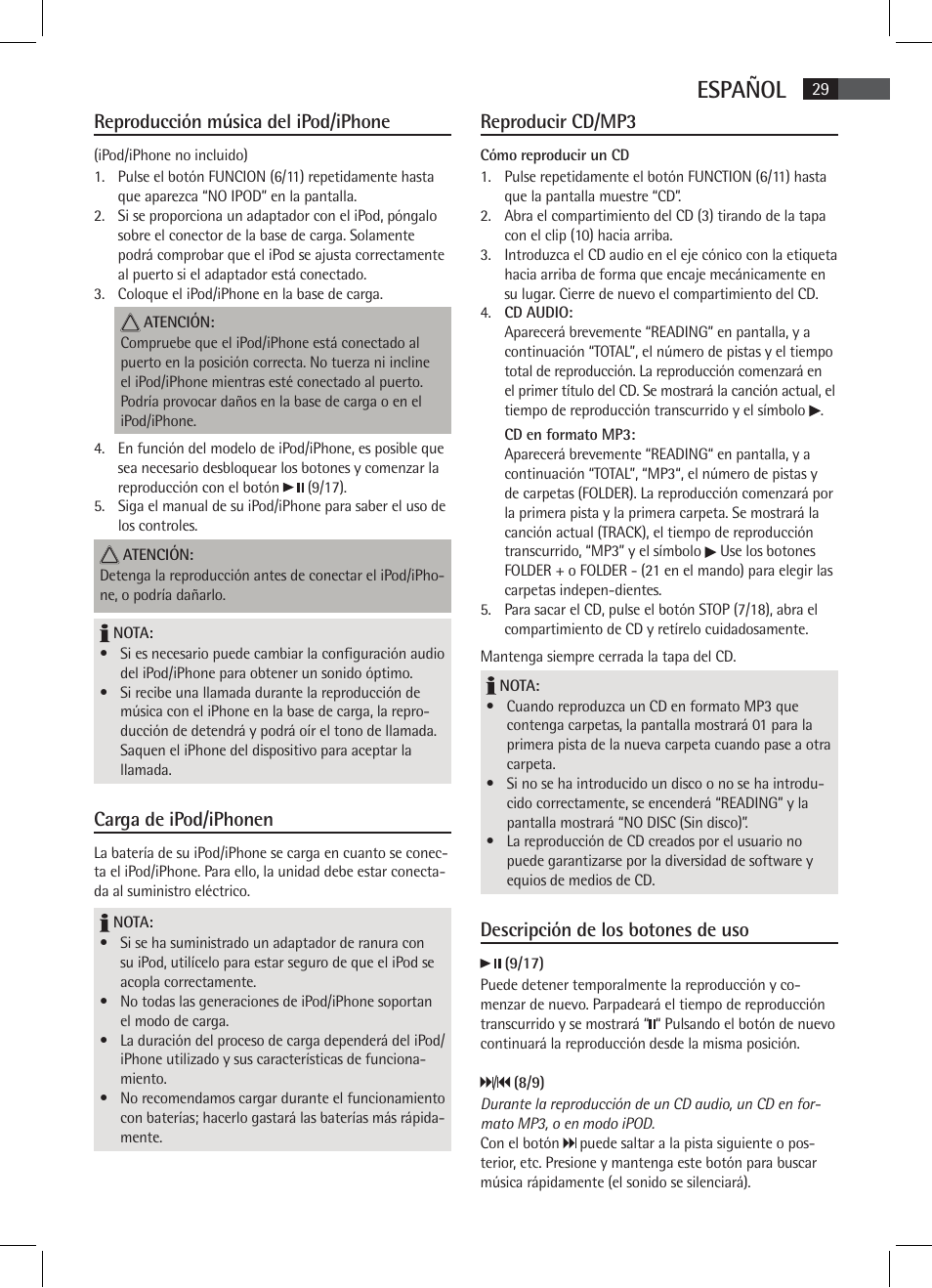 Español, Reproducción música del ipod/iphone, Carga de ipod/iphonen | Reproducir cd/mp3, Descripción de los botones de uso | AEG SR 4337 iP User Manual | Page 29 / 86