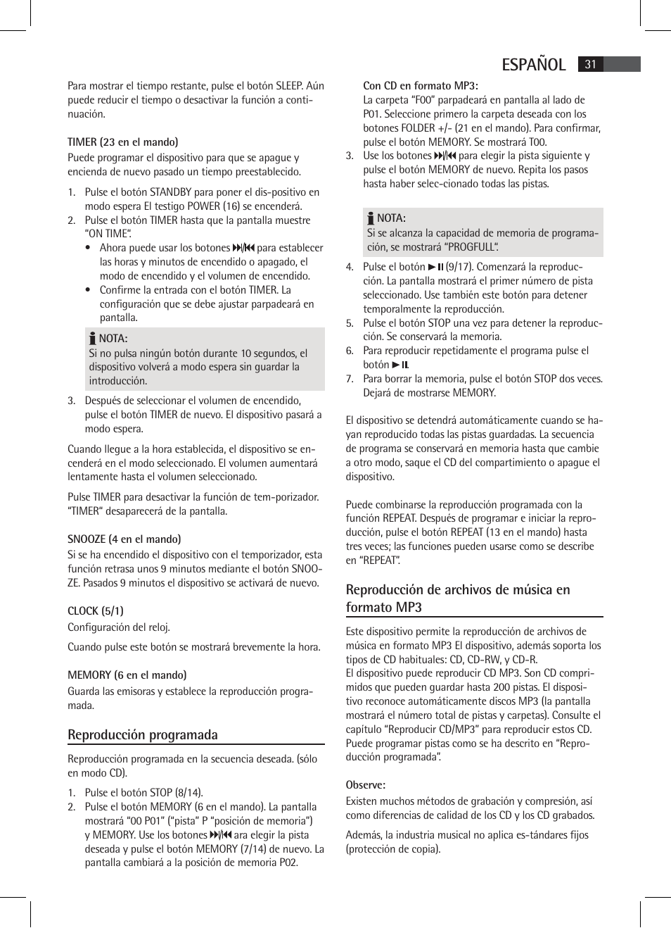 Español, Reproducción programada, Reproducción de archivos de música en formato mp3 | AEG SR 4337 iP User Manual | Page 31 / 86