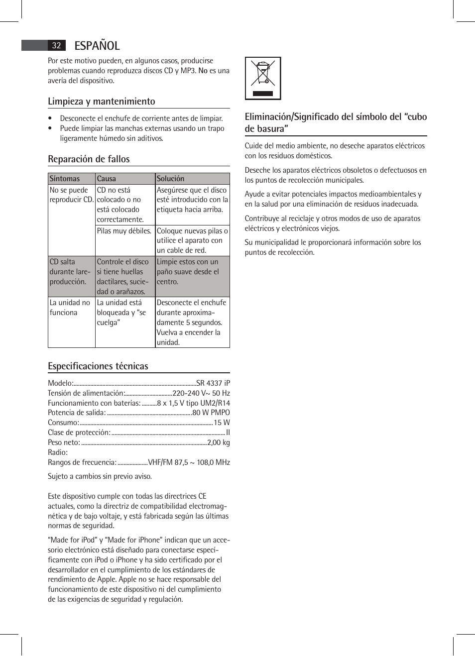 Español, Limpieza y mantenimiento, Reparación de fallos | Especificaciones técnicas | AEG SR 4337 iP User Manual | Page 32 / 86