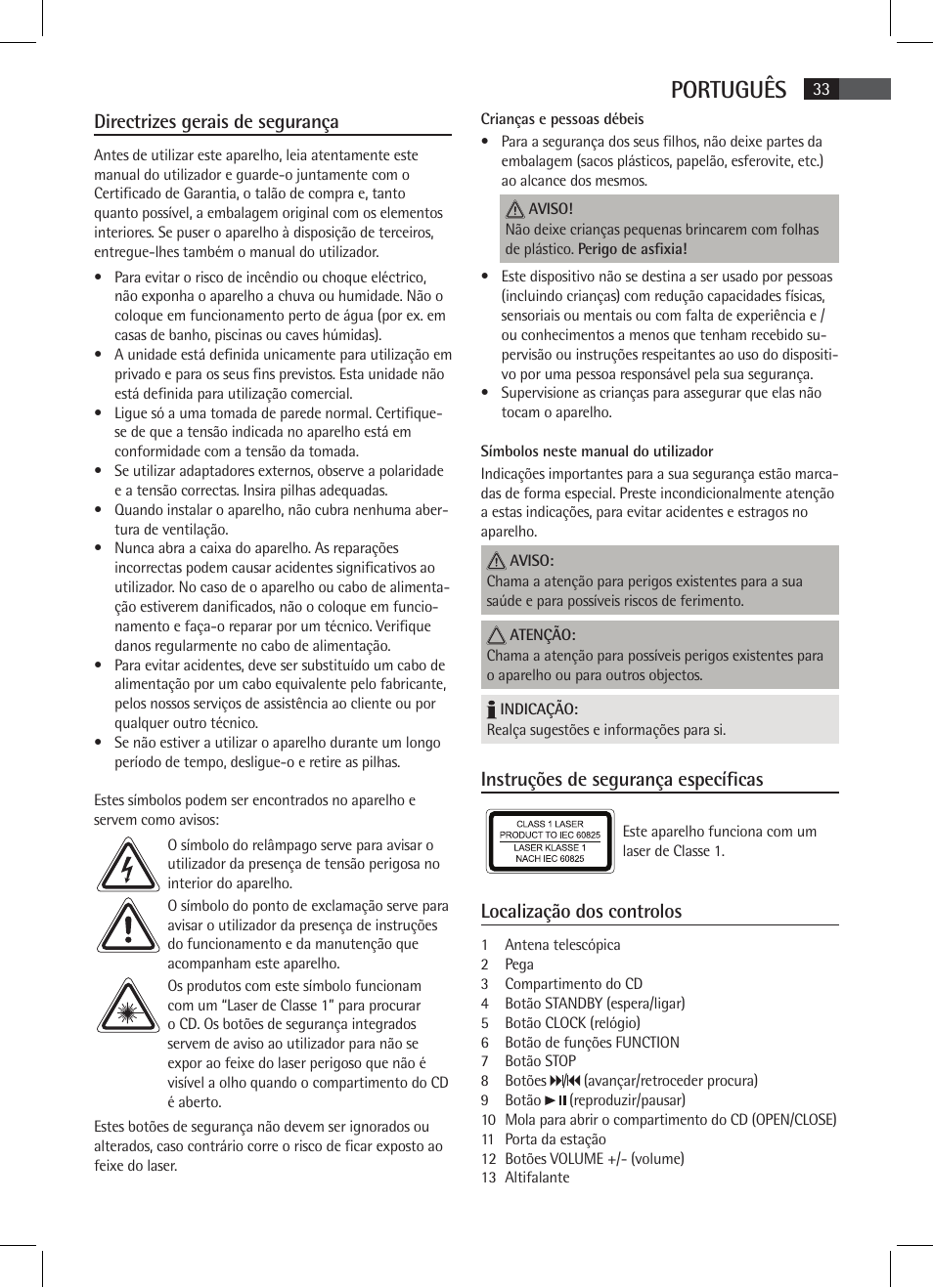 Português, Directrizes gerais de segurança, Instruções de segurança específicas | Localização dos controlos | AEG SR 4337 iP User Manual | Page 33 / 86