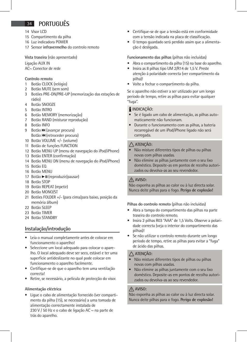 Português, Instalação/introdução | AEG SR 4337 iP User Manual | Page 34 / 86