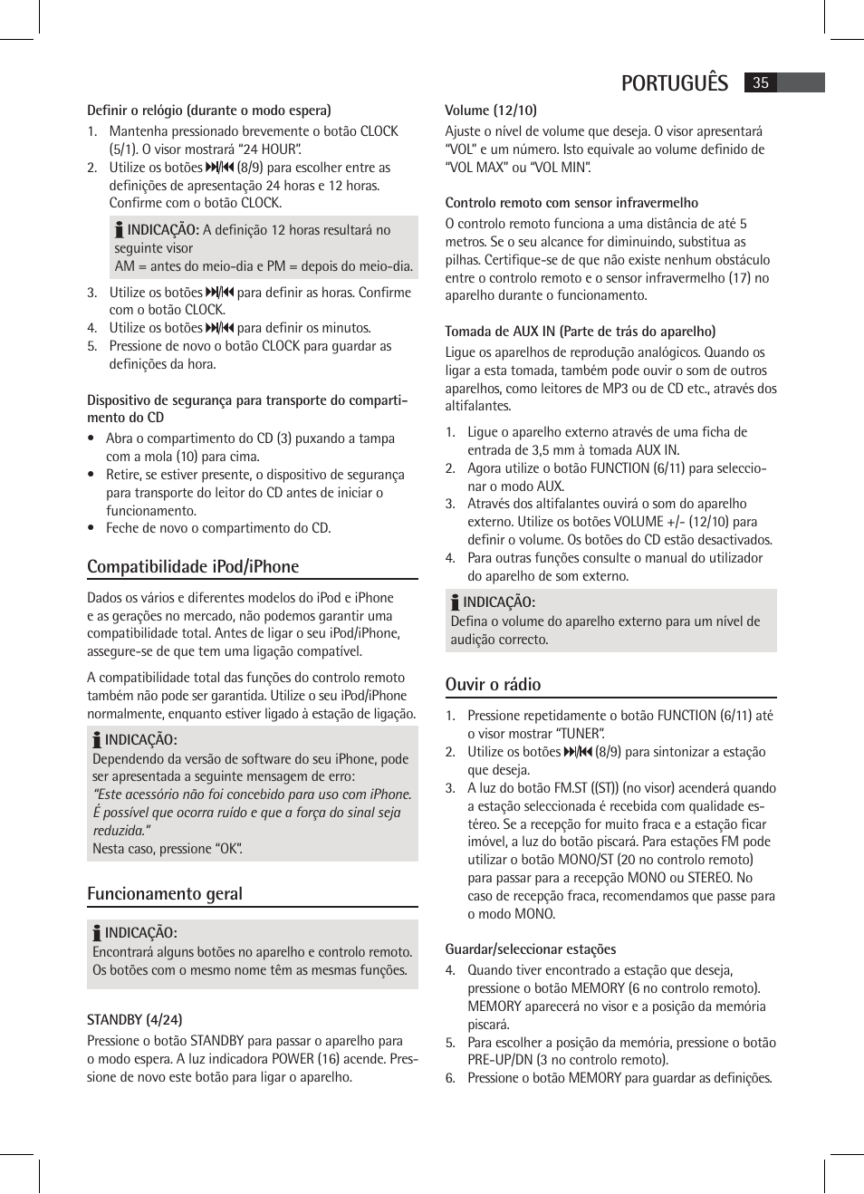 Português, Compatibilidade ipod/iphone, Funcionamento geral | Ouvir o rádio | AEG SR 4337 iP User Manual | Page 35 / 86