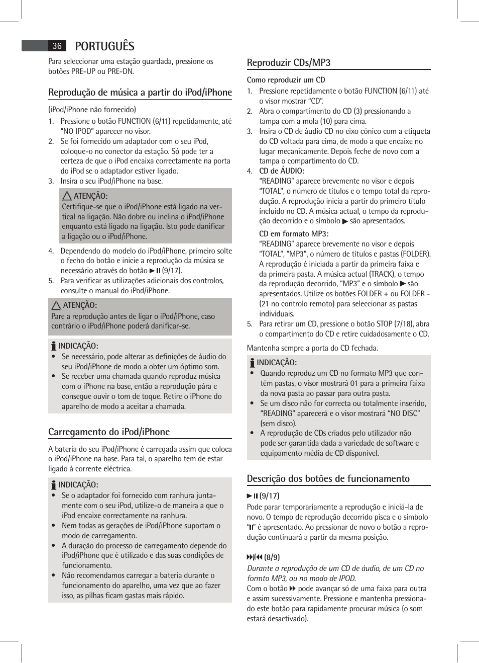 Português, Reprodução de música a partir do ipod/iphone, Carregamento do ipod/iphone | Reproduzir cds/mp3, Descrição dos botões de funcionamento | AEG SR 4337 iP User Manual | Page 36 / 86