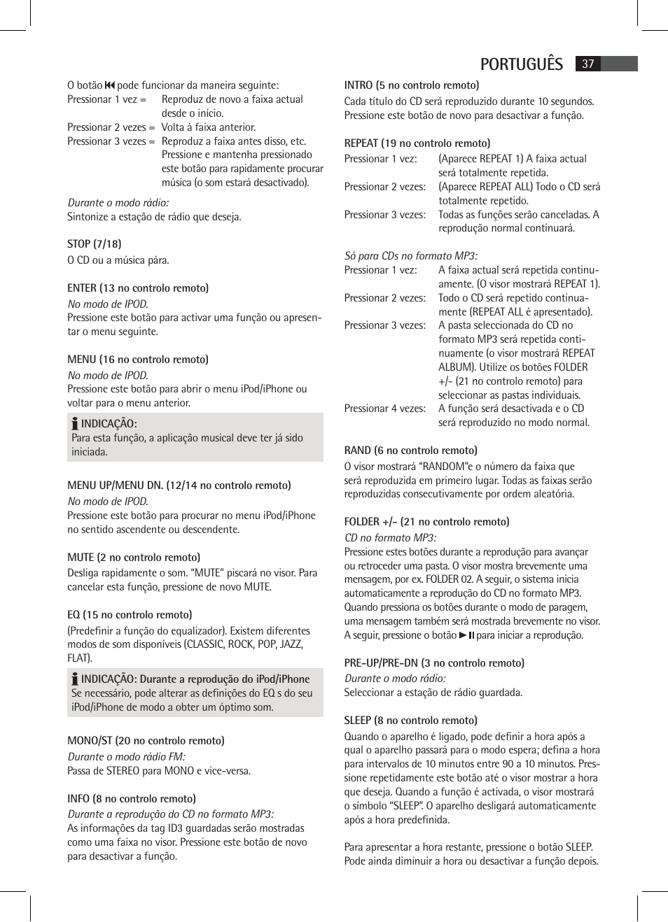 Português | AEG SR 4337 iP User Manual | Page 37 / 86