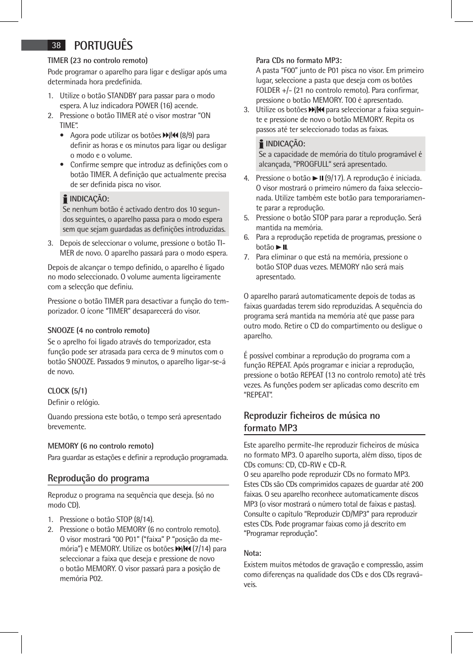 Português, Reprodução do programa, Reproduzir ficheiros de música no formato mp3 | AEG SR 4337 iP User Manual | Page 38 / 86