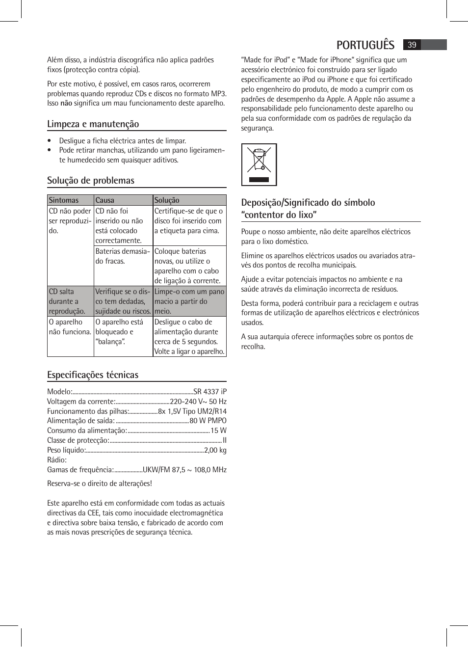Português, Limpeza e manutenção, Solução de problemas | Especificações técnicas | AEG SR 4337 iP User Manual | Page 39 / 86