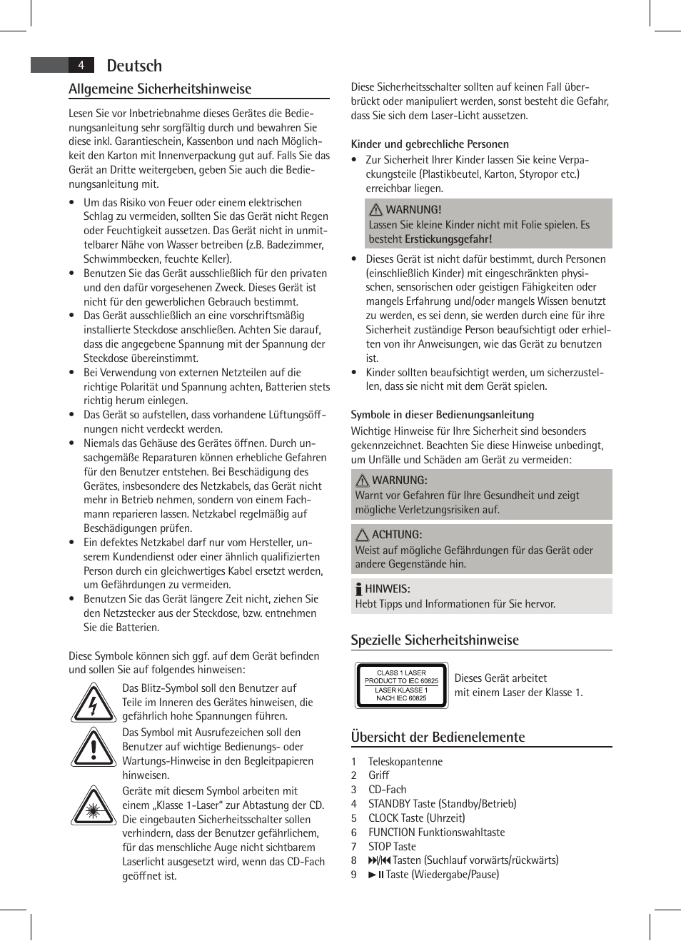 Deutsch, Allgemeine sicherheitshinweise, Spezielle sicherheitshinweise | Übersicht der bedienelemente | AEG SR 4337 iP User Manual | Page 4 / 86