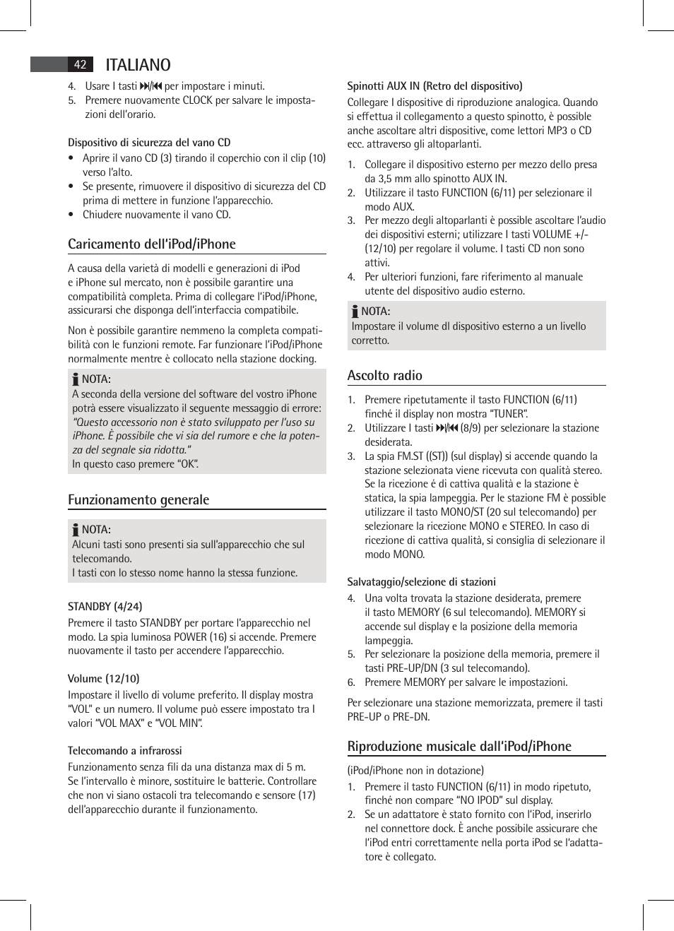 Italiano, Caricamento dell‘ipod/iphone, Funzionamento generale | Ascolto radio, Riproduzione musicale dall‘ipod/iphone | AEG SR 4337 iP User Manual | Page 42 / 86