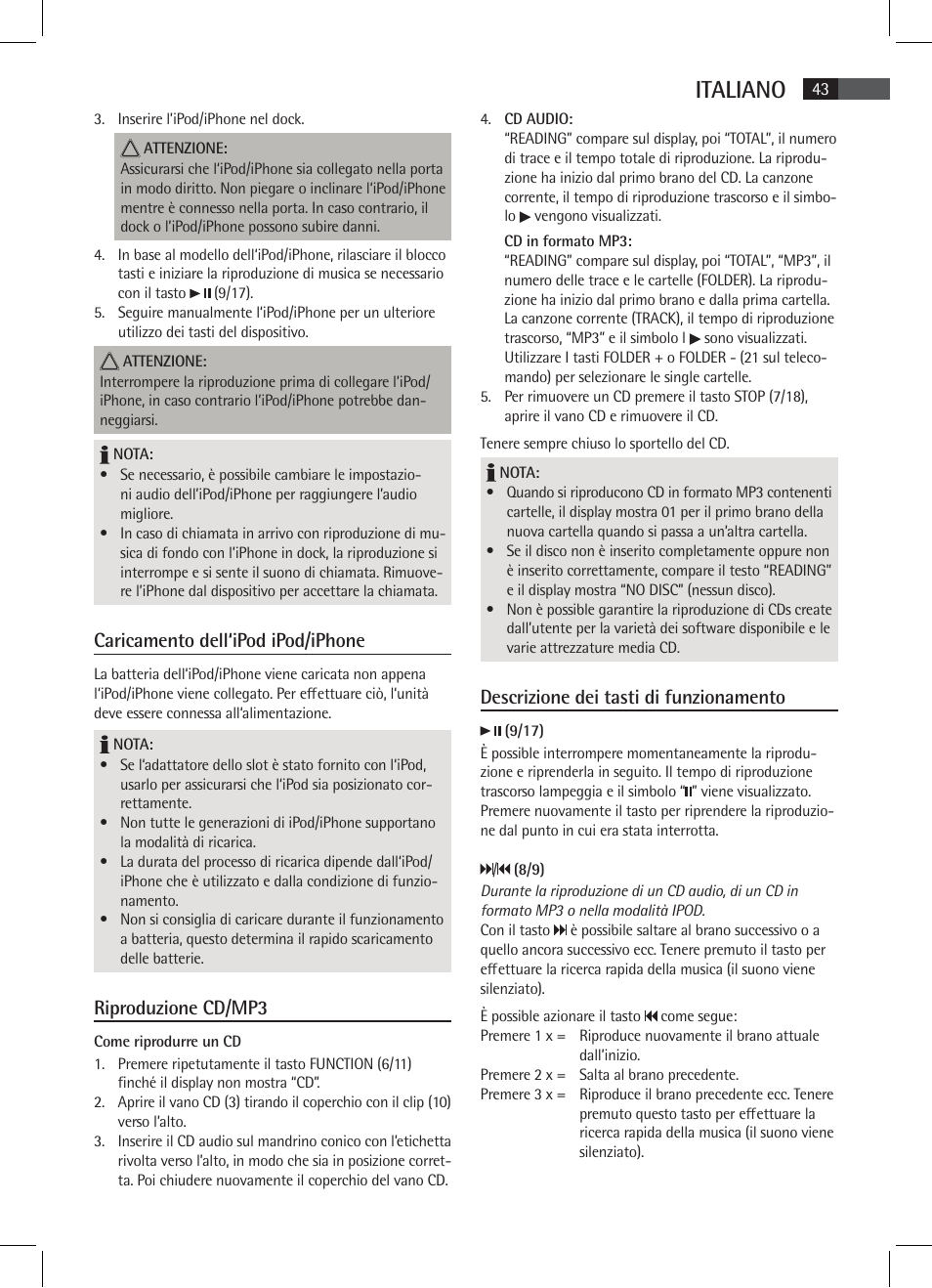 Italiano, Caricamento dell‘ipod ipod/iphone, Riproduzione cd/mp3 | Descrizione dei tasti di funzionamento | AEG SR 4337 iP User Manual | Page 43 / 86