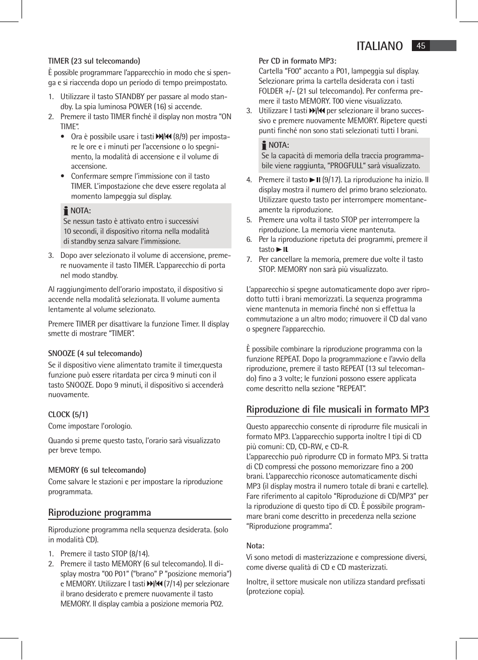 Italiano, Riproduzione programma, Riproduzione di file musicali in formato mp3 | AEG SR 4337 iP User Manual | Page 45 / 86